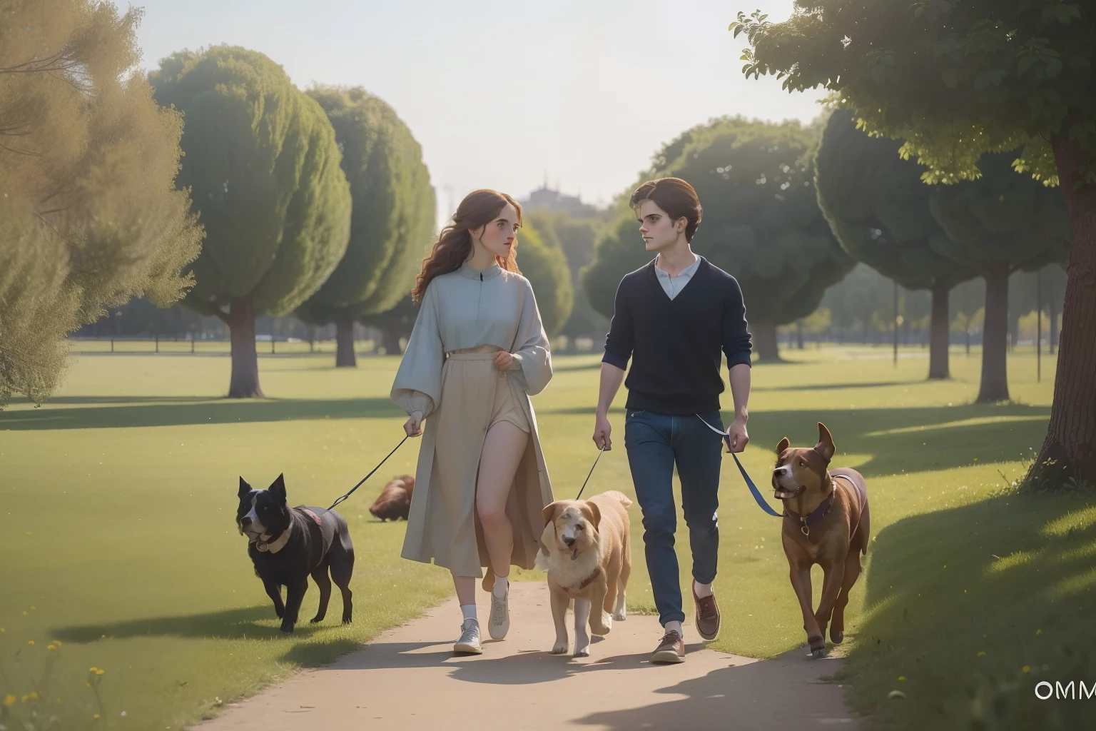 year: 2023. Location: Madrid. Pre-Raphaelite scene with a 30-year-old Emma Watson, with Edward Bluemel, walking several dogs in a park, ((((casual clothing from the 2020s)))) ((Hairstyle of the 2020s)), ((("OMITB" cinematography)))