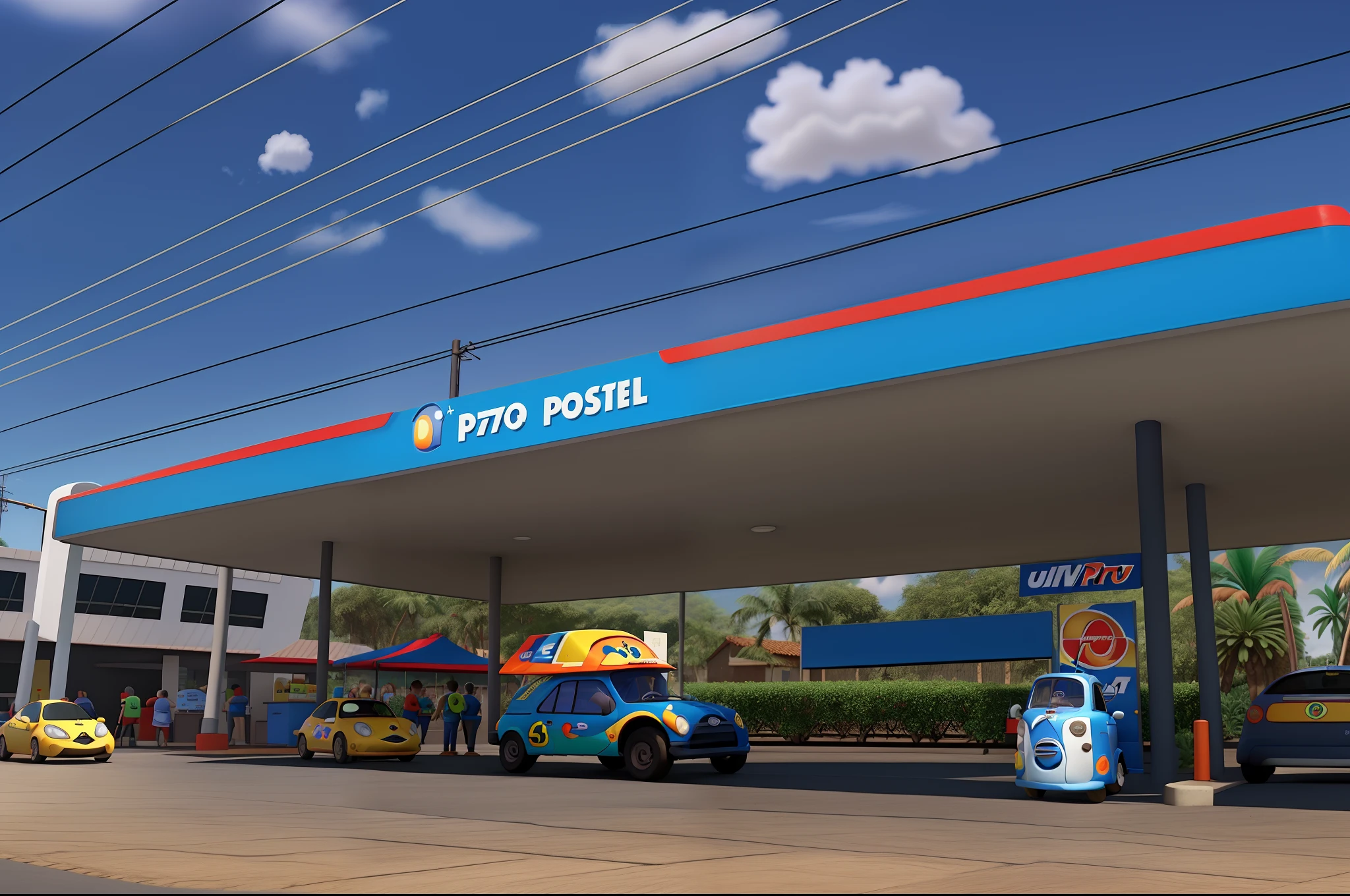 um posto de combustivel estilo pixar com um frentista convidando para entrar, com o logo 2D Auto Posto, alta qualidade, melhor qualidade