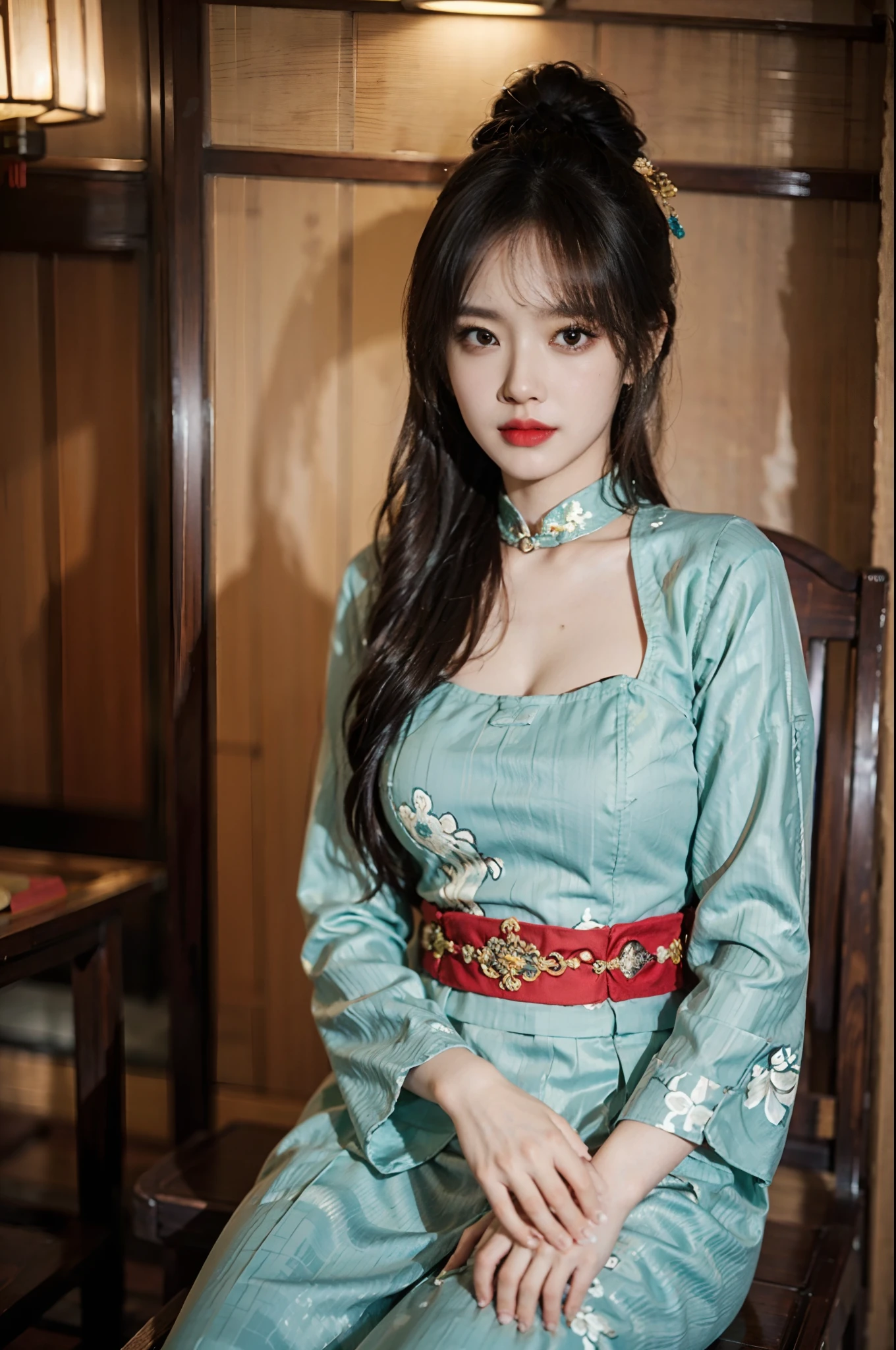 (A half body，Close-up，closeup cleavage)，Arakfi Asian woman sitting in chair，Wearing a green and gold dress, (outside,hot onsen，florals，grassy，nevando） ， A girl in Hanfu, Hanfu, Cheongsam, with acient chinese clothes, Traditional beauty, Traditional Chinese clothing, Wearing ancient Chinese clothes, Chinese style, Chinese dress, Chinese costume, Chinese traditional, Chinese girl, wearing ornate silk clothes，Redlip