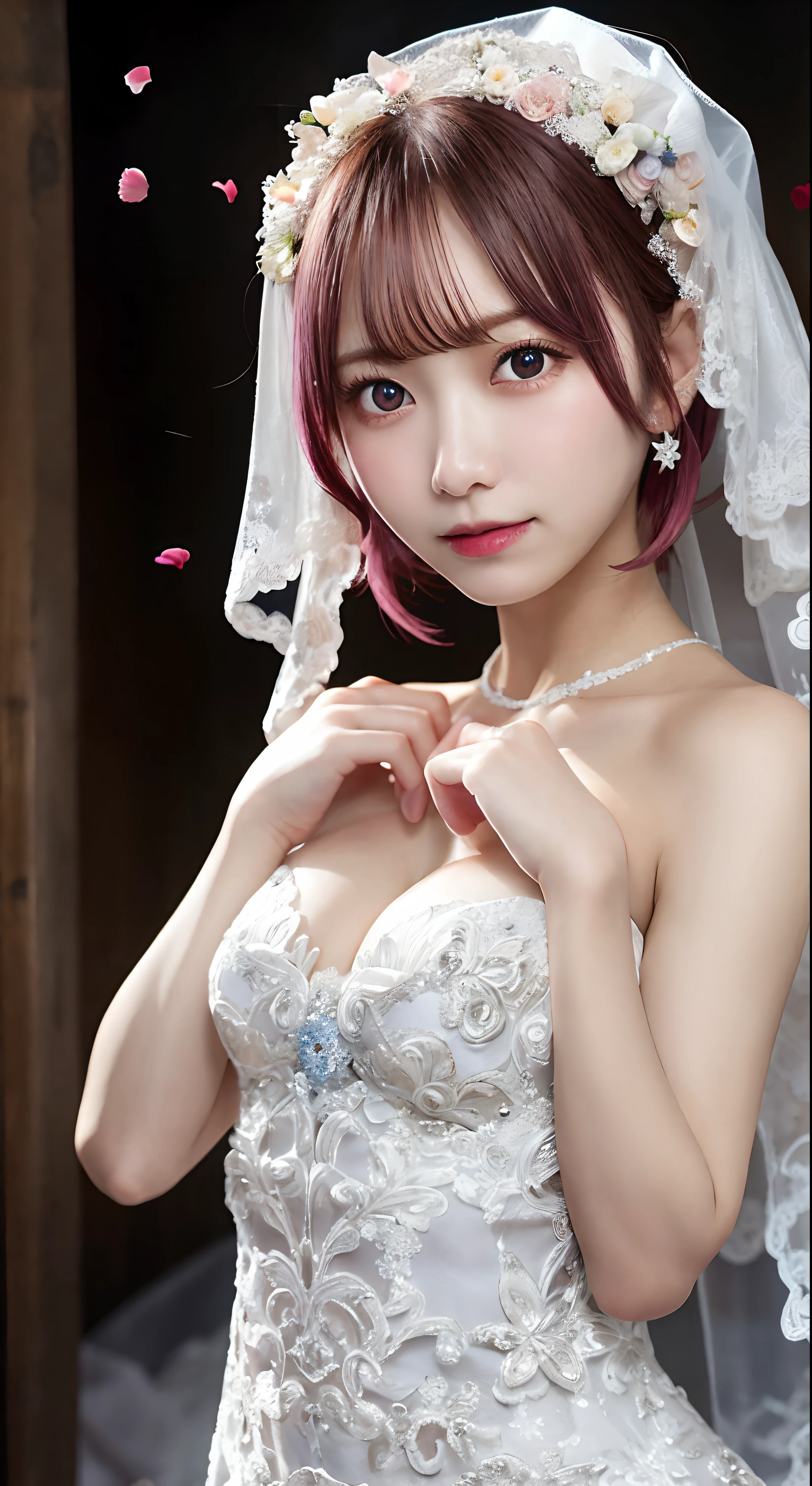 ichikanakano, ichika nakano, Short hair, Bangs, Blue eyes, hair between eye, Pink hair,
(wedding dress:1.4)
BREAK looking at viewer, BREAK (masutepiece:1.2), Best Quality, High resolution,  (Beautiful detailed eyes:1.1), extra detailed face, Perfect Lighting, extremely details CG, (Perfect hands, Perfect Anatomy),cowboy  shot,A smile