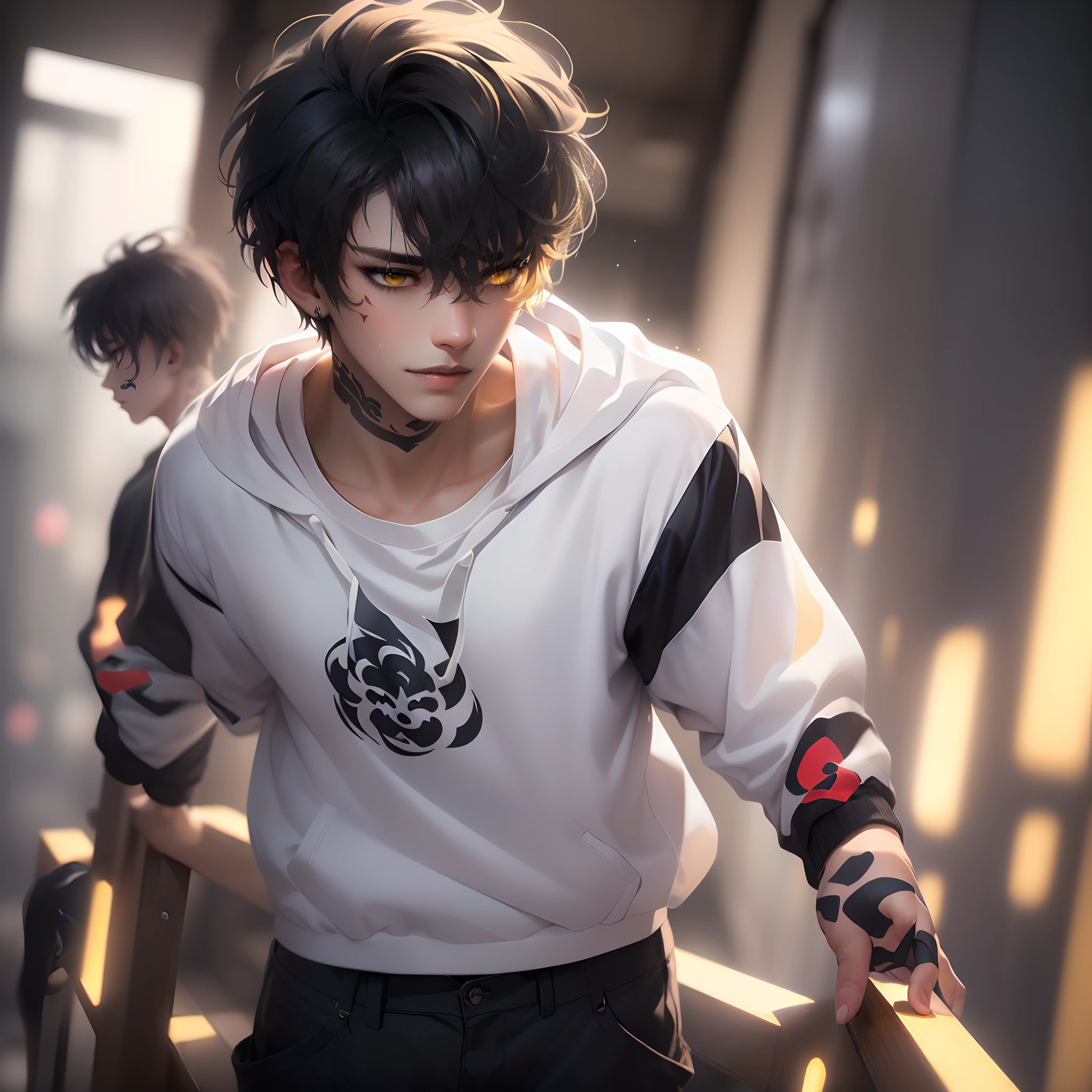 (4K works))、masterpiece、(top-quality)、On the stairs of a deserted dark back alley、Korean Male、Adult male、((Adult 26 years old))、((Adult older brother))、((Face similar to Hyun Jin))、Cool Men、tall、((deadpan))、((I'm in a daze))、((Strong eyes))、((Wearing a white T-shirt and a hooded black jacket、White long trousers))、((smaller face))、Slim body、((hooligan))、((Black short-haired))、((Unkempt hairstyle))、((Both eyes are hidden by bangs))、((Yellow eyes))、((shot from a side angle))、((tattoo))、((His profile))、((Facing down))、((Shot alone))、((Solo Photography))、((Focus zoom in))、((Face enhancement))、((Shot close to the face))、((Face photography))、((Shot next to the face))