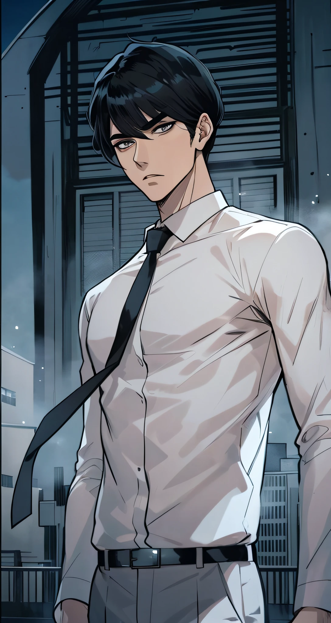 homem na camisa branca, Black hair and tie in front of a building, cara de anime alto com olhos azuis, homem bonito anime, Nice Saitama, em um terno estrito, extremamente bonito, Nice anime pose, Arte Oficial, kentaro miura manga art style, kentaro miura manga style, delicate androgynous prince, muito bonito