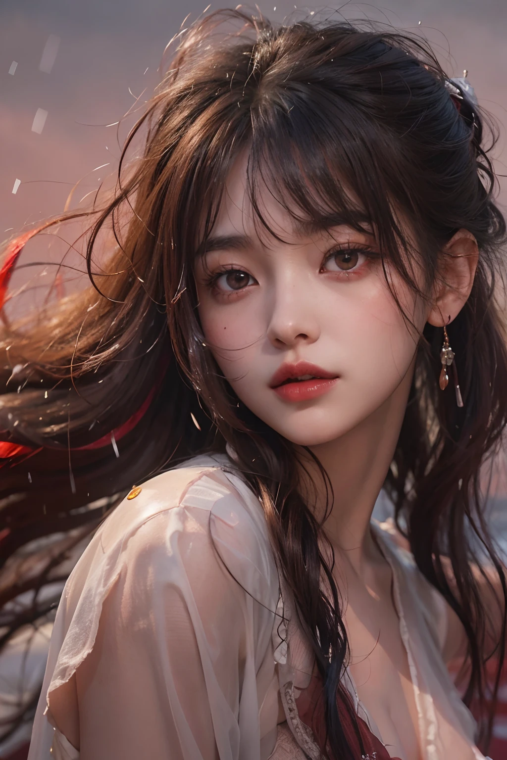 (((profile)))、(Cowboy Shot)、((One girl standing in a bright red pond))、(in her 20s)、((long))、((Pattsun bangs))、((Black hair ponytail))、Pink makeup、(Red-brown eyes)、(Photoreal Stick:1.2)、in 8K、(High quality shadows)、Detail Beautiful delicate face、Detail Beautiful delicate eyes、Cute K-pop Idol、(Korean Urzan Face)、(ulzzang -6500-v1.1:0.6)、gloweyes、perfectbody、Natural color reproduction、Bright red lipstick、((Brown eyes))、Shiny hair、Description beautiful delicate hair、(Lustrous skin)、cloudy ash sky、电影灯光、Bloody white dress、It's raining heavily and we're drenched、