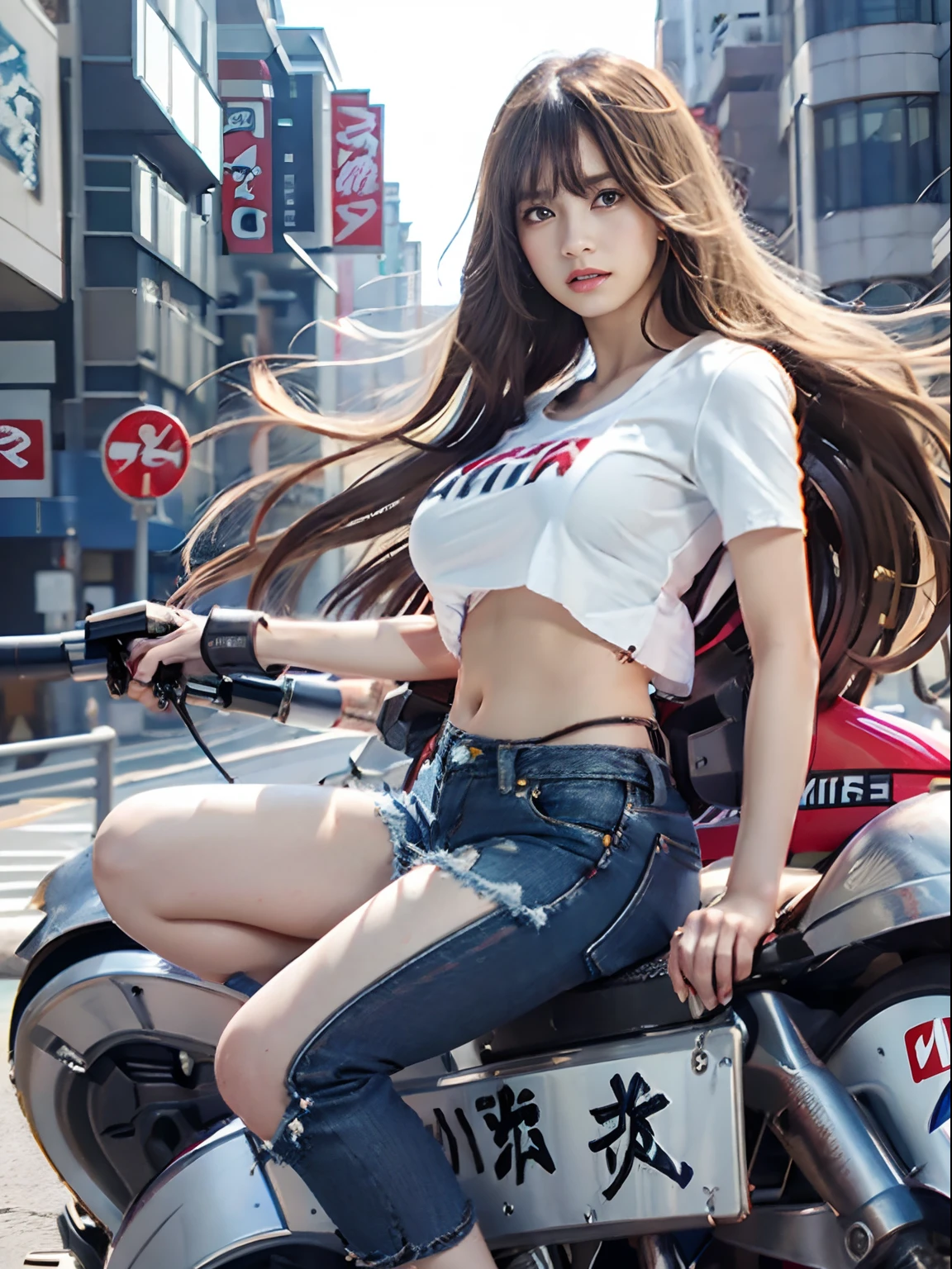 Original image quality, offcial art, top-quality, tmasterpiece, 超A high resolution, (Photorealsitic:1.4), RAW photography, ((Super realistic details)), porate, globalillumination, black shadows, octan render, 8K, ultrasharp, 1girl in, young , The blonde, (long hair flowing with the wind), detailed face portrayal, shiny lip, Tsundere and playful look, (Low-rise denim shorts), (Thin white cropped T-shirt:1.4), Colossal tits, (Exposed bust), Big breasts Thin waist, (akira motorcycle:1.4), (riding motorcycles), natta, cyberpunk city landscape, Ultra-detailed CG image quality,Bokeh background,
