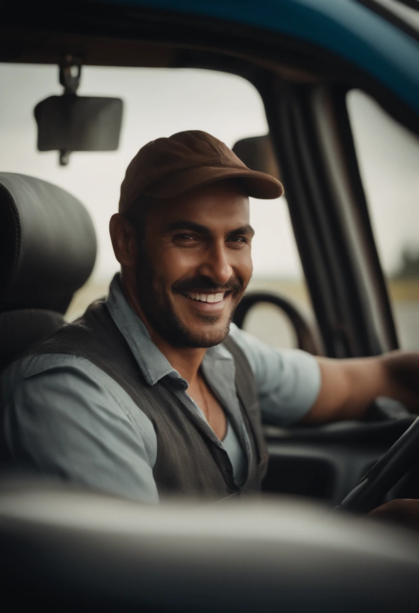 “An image of a truck driver smiling while driving a truck on a highway.”