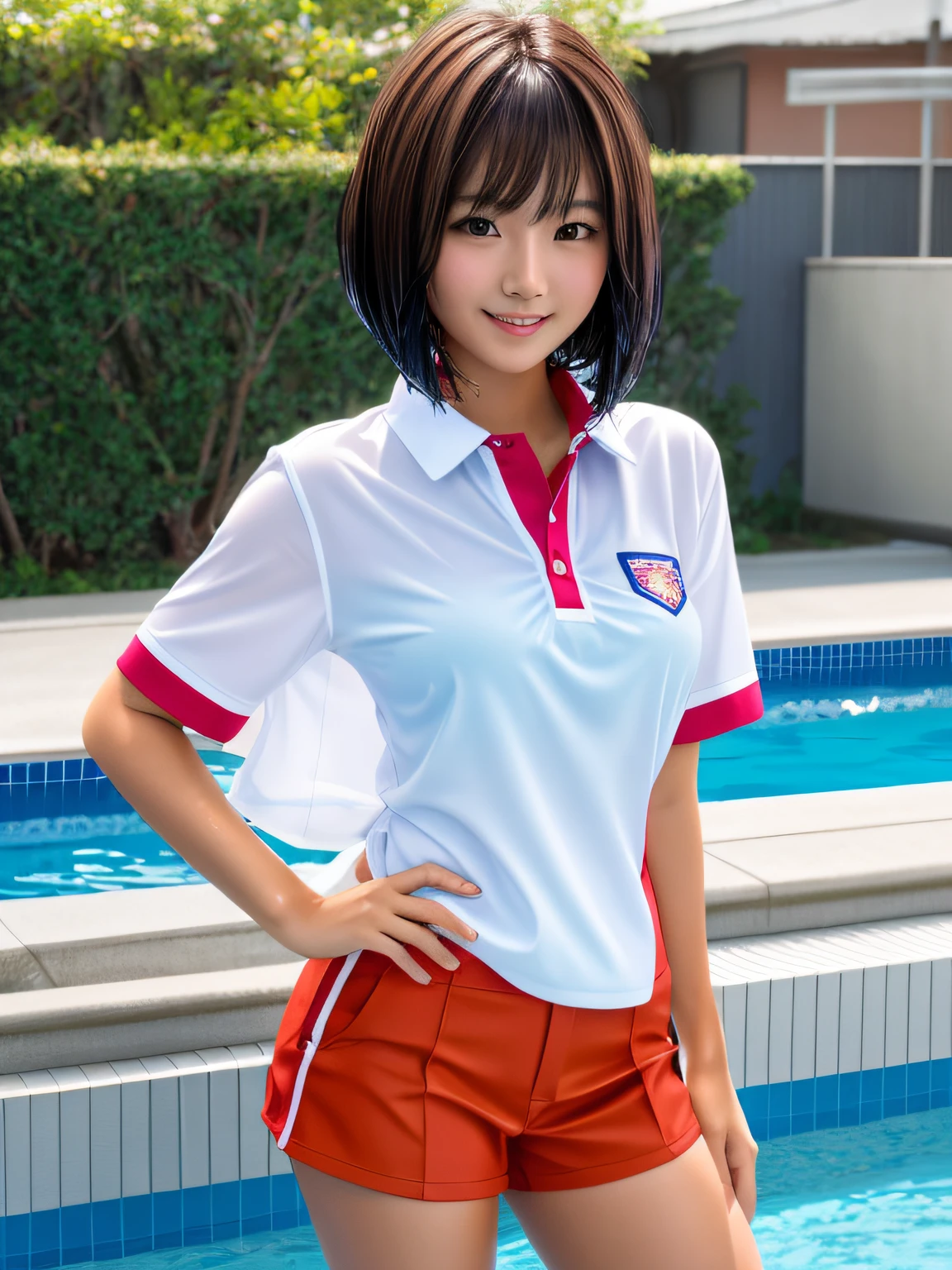 Product quality, 1 girl, upperbody shot, Front view, a Japanese young pretty girl, Bob Hair, Glamorous figure, For school uniforms, Standing by the pool with a big smile, Wet body, Wet hair, hyper cute face, Glossy lips, double eyelids for both eyes, Natural makeup, Shiny smooth light brown bob hair, asymmetrical bangs, Tanned skin, central image, High resolution, high detailing, detailed hairstyle, Detailed face, Cinematic lighting, Octane Rendering, Vibrant, Hyper realistic, Perfect limbs, Perfect Anatomy