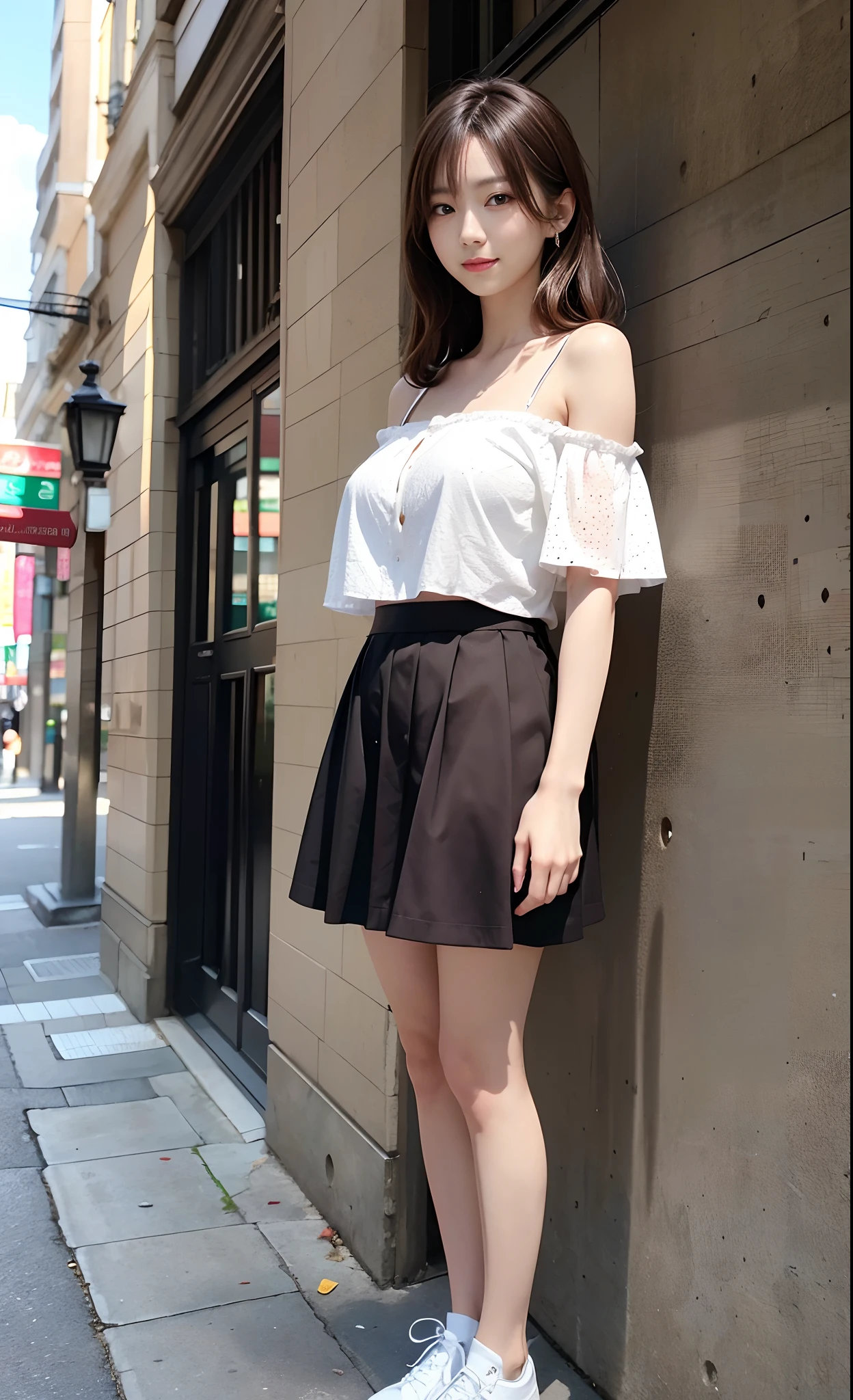 Walking around the city、（(Photo from below:1.5)）、（(1girl in:1.8)）、（(独奏:1.8)）、（(bangss:1.4)）、（(slenderbody:1.2)）、（(Medium:1.2,cleavage of the breast:1.1)）,BREAK（Light Green Off Shoulder Shirt,small polka dots:1.4）,BREAK（Dark green microflared skirt:1.4）,BREAK（White sneakers:1.5）、（(Standing Pose:1.5)）、Straight in front photo:1.5、Full body photo:1.5、8k wallpaper、超A high resolution,BREAK（(Photoreal Stick:1.4)）,masutepiece,Best Quality,Perfect Lighting,Detailed Lighting,Dramatic light and shadow,Ray tracing,BREAK（Perfect ???????:1.4）、（(Looking at Viewer)）、A detailed face、A detailed eye、Detailed clavicle、real looking skin、BREAK（20yr old）、（(A smile:1.1)）、（(Brown semi-long:1.3)）、Brown-eyed、eye line、Red Lip