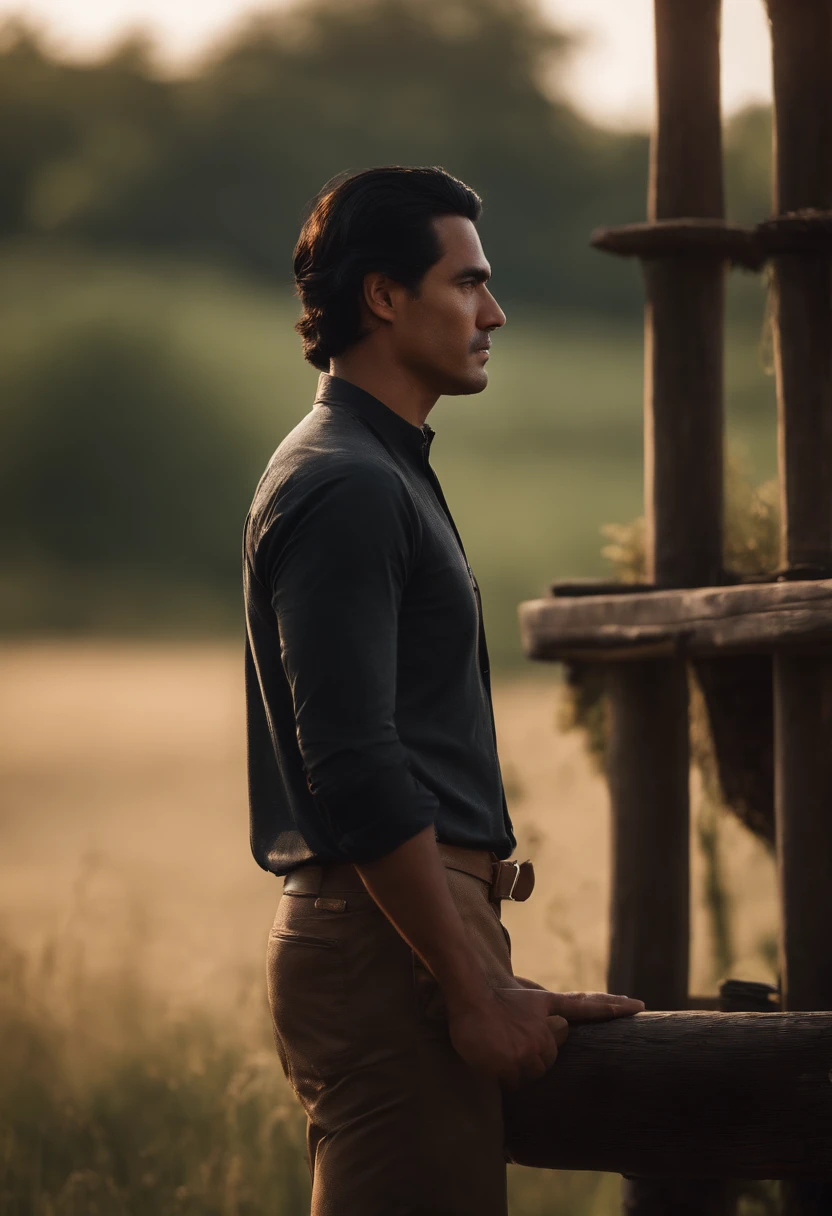 black hair, man,a big man,the Eastern countryside,due diligence,Side view,Summer,sunset