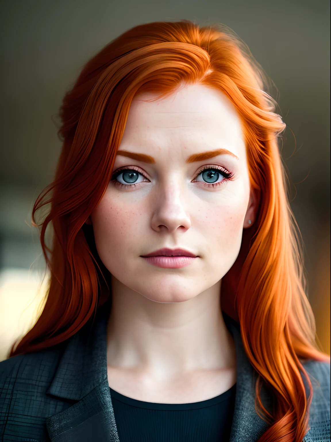 Russian, model, fit face, (best quality, ultra high res, raw photo, masterpiece, extremely detailed photograph), (photorealistic:1.4), 1girl solo focus, looking at viewer, pov, closeup, (sharp chin:1.5), (ponytail), auburn hair, green eyes, from above, young woman, (navy blue business suit:1.5), (office room background, indoor),