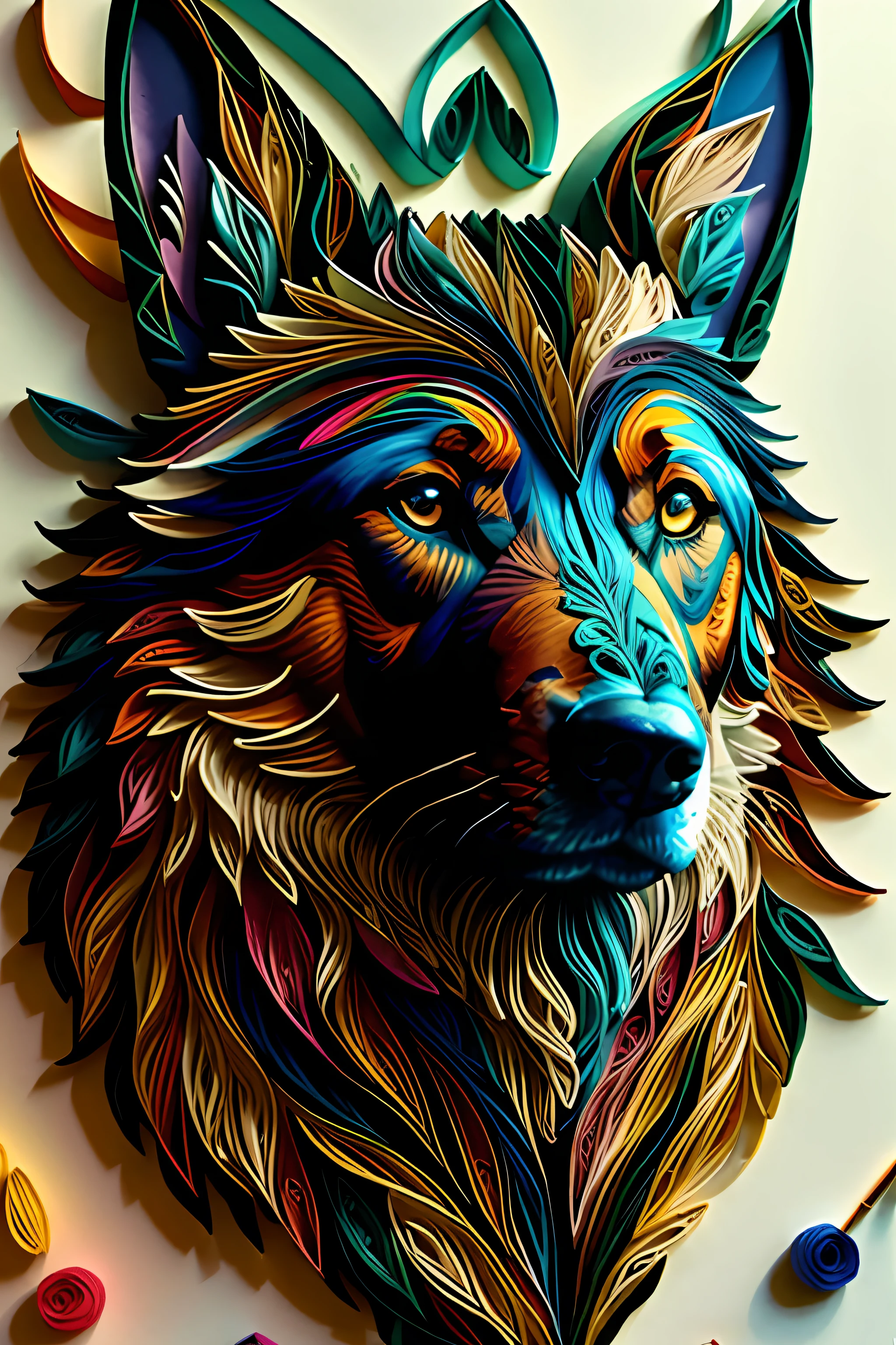 dog,multi dimensional paper quilling, art, 
yang08k,  beautiful,  colorful,
masterpieces, top quality, best quality, official art, beautiful and aesthetic,