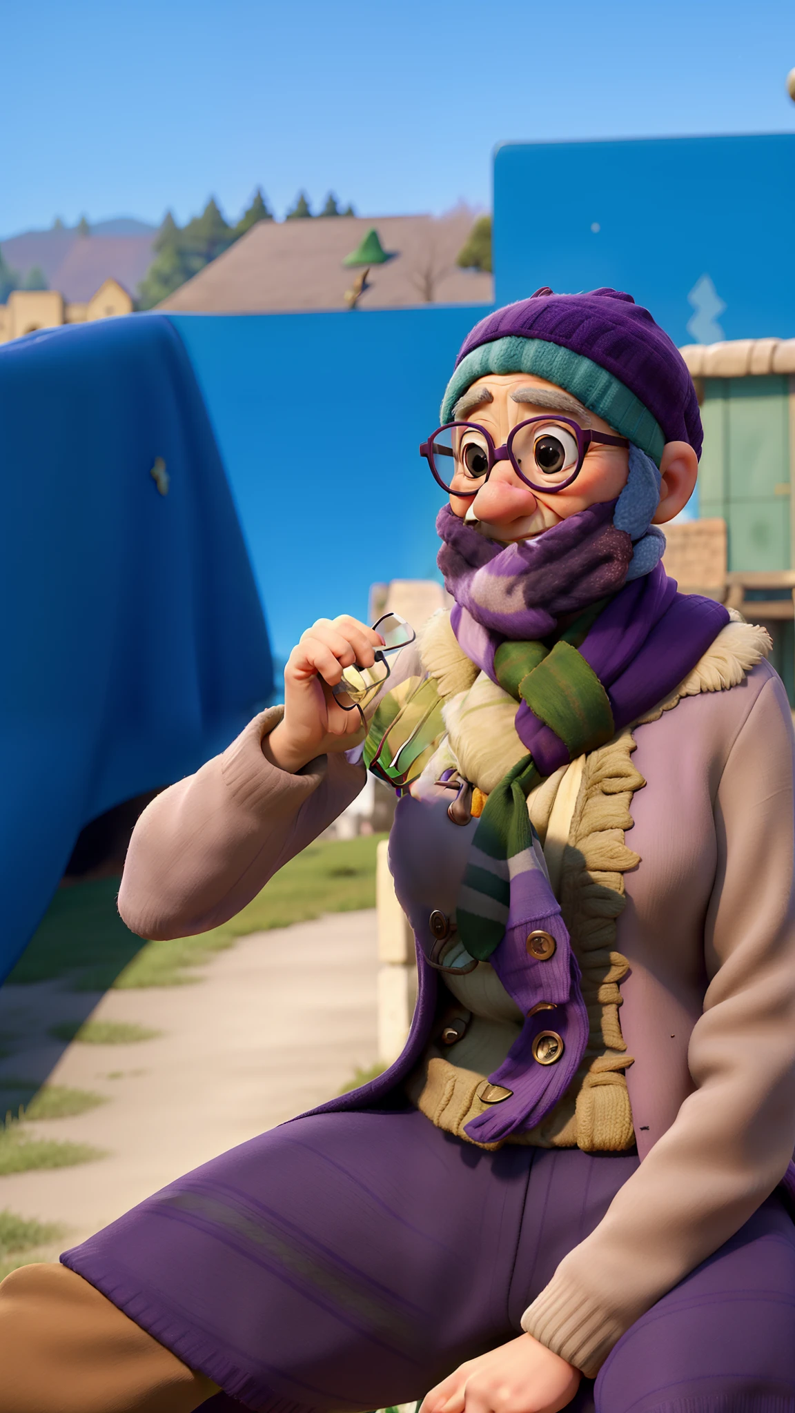 masterpiece, best quality, an old woman with glasses and a scarf on, wearing a purple coat and green scarf, standing at the park