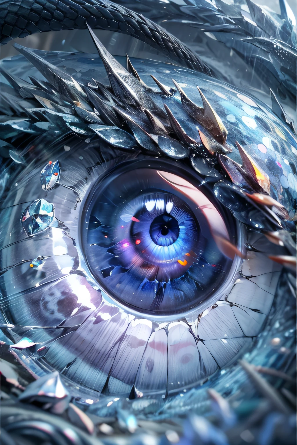 arafed, high details, best quality, 16k, [ultra detailed], masterpiece, best quality, (extremely detailed), dynamic angle, ultra wide shot, RAW, photorealistic, a extreme magnified picture of (1) icy snake eye of a frozen devil, icy Fragments rimes on the eye lashes, light blue iris, a full whitw moon, round moon being reflected on the iris, 3D rendering, [[anatomically correct]] zrpgstyle
