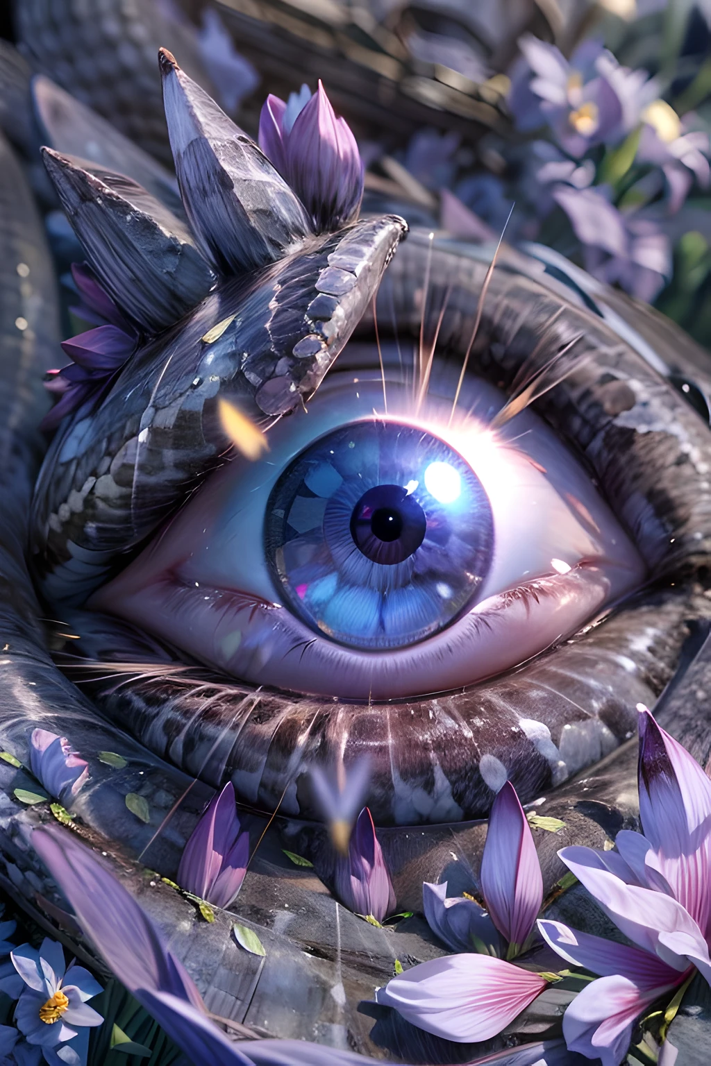 arafed, high details, best quality, 16k, [ultra detailed], masterpiece, best quality, (extremely detailed), dynamic angle, ultra wide shot, RAW, photorealistic, a extreme magnified picture of (1) icy snake eye of a frozen devil, icy Fragments rimes on the eye lashes, light blue iris, a full whitw moon, round moon being reflected on the iris, 3D rendering, [[anatomically correct]] zrpgstyle