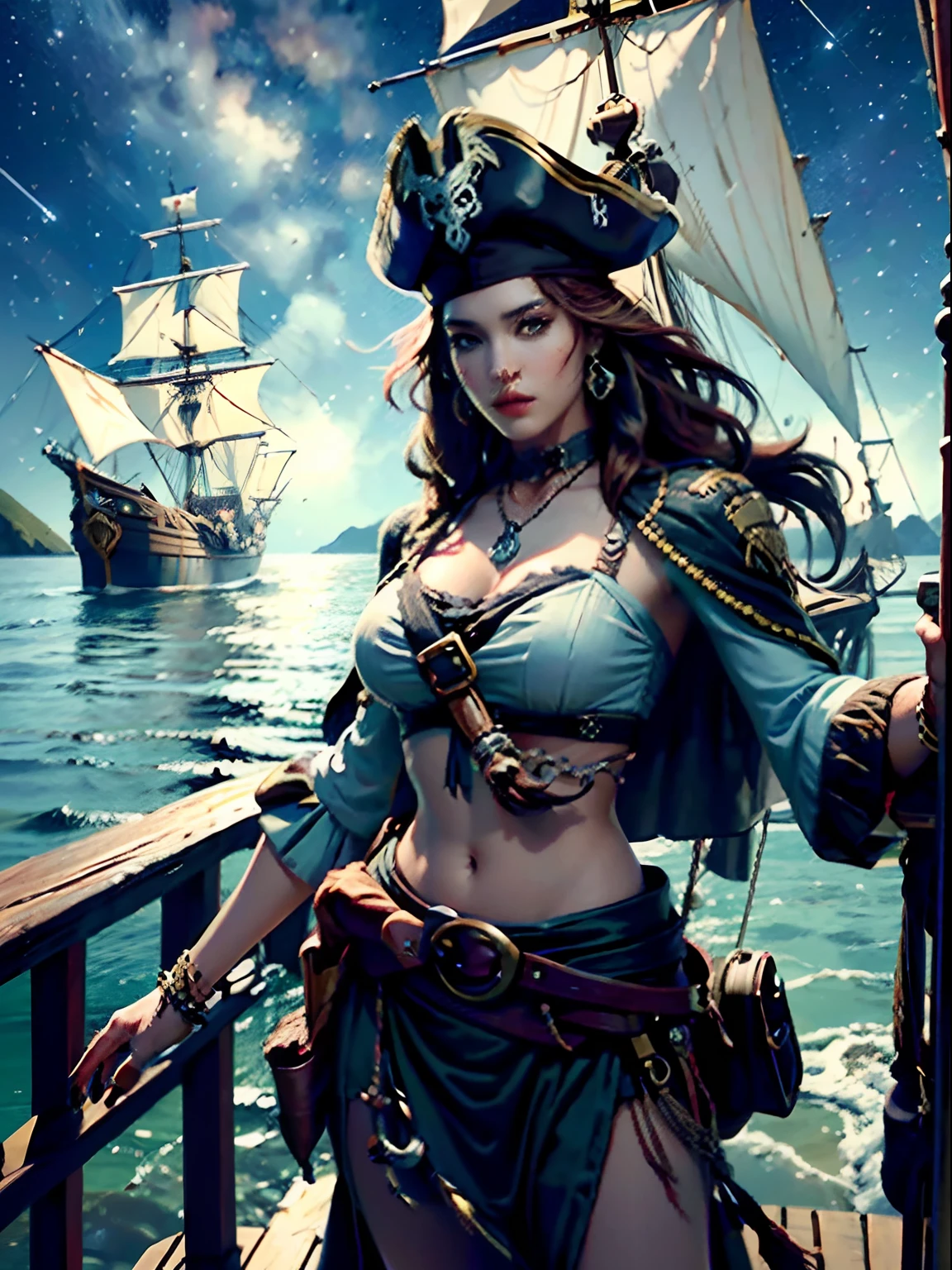 (Art Deco style), (Precision-generated CG architecture wallpaper), (Pirates of the Caribbean: 1.3), Very beautiful girl., Perfect body, Big breast fit, marine, Swashbuckler,There is a blue sailboat crest on the flag., Pirate Ship Details, (8k quality), (Highest Standards), (Artistic brilliance), (lifelike), (Accurate photos), Meticulous details, Charming captain, Elaborately dressed, Fierce eyes, Complex beard,(On the rudder of the ship under the stars.), Caribbean Sea at night, A remote island