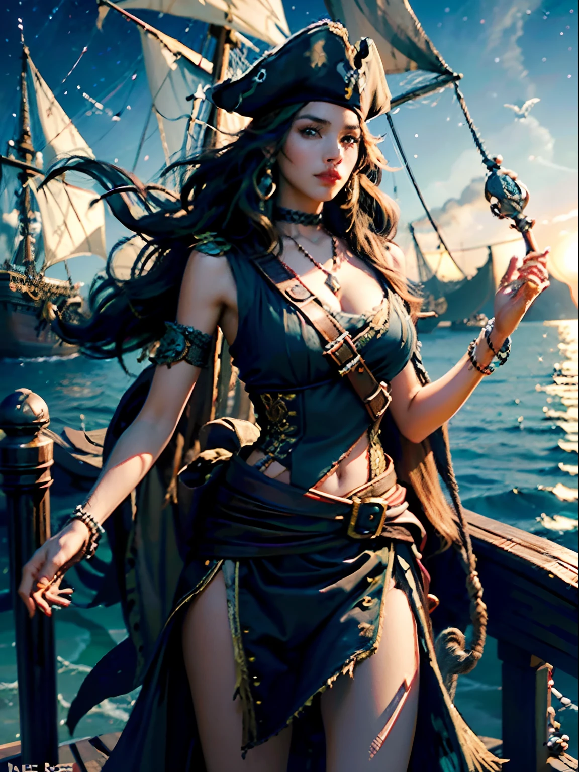 (Art Deco style), (Precision-generated CG architecture wallpaper), (Pirates of the Caribbean: 1.3), Very beautiful girl., Perfect body, Big breast fit, marine, Swashbuckler,There is a blue sailboat crest on the flag., Pirate Ship Details, (8k quality), (Highest Standards), (Artistic brilliance), (lifelike), (Accurate photos), Meticulous details, Charming captain, Elaborately dressed, Fierce eyes, Complex beard,(On the rudder of the ship under the stars.), Caribbean Sea at night, A remote island