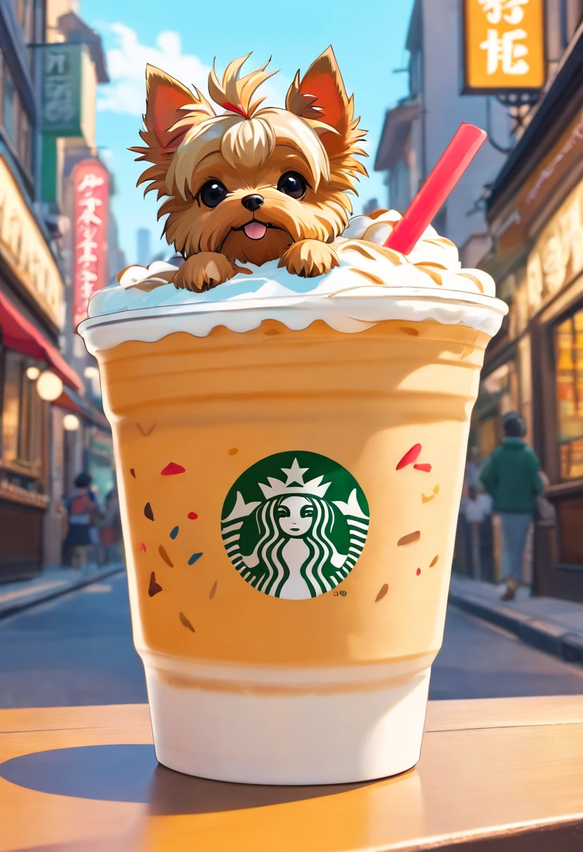 Unique, Cartoonish playful cute Yorkshire terrier shaped cup, Colorful Starbucks-style frappuccino, Yorkshire Terrier logo.