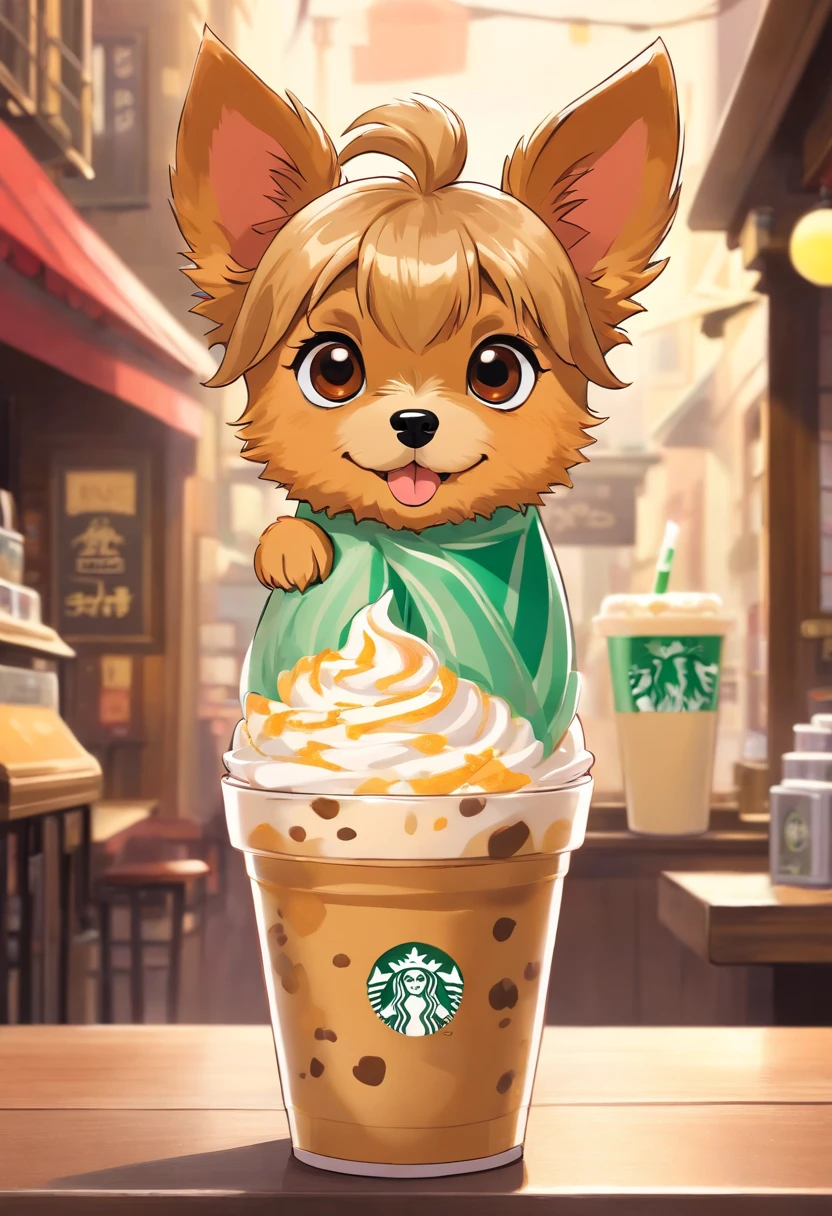 Unique, Cartoonish playful cute Yorkshire terrier shaped cup, Colorful Starbucks-style frappuccino, Yorkshire Terrier logo.