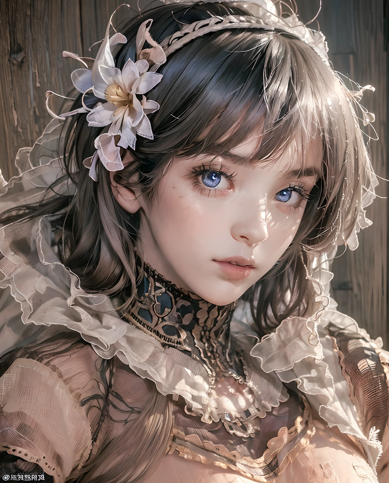 ((masterpiece, best quality)), (1girl), (solo), (female focus),  2B\(NaiR\),(very detailed face, real image, realistic skin, realistic body, intricate details), upper body, focus on face, dark eyes, , black hair, hair tied, far sleeve shirt, pinaforee dress,