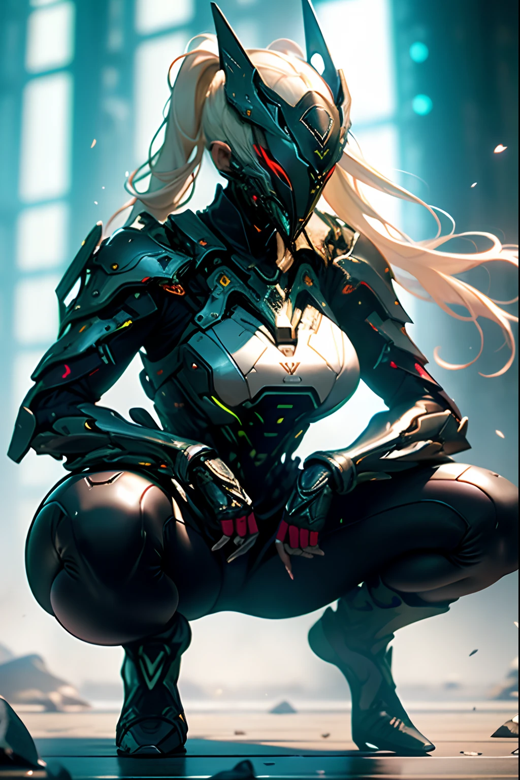 sexy girl, cabelos brancos e curtos, corpo completamente coberto por uma armadura de RPG assassino medieval, warframe design as,seio grandes, espartilho, Punhais, mask, sexy, casta, olhos vermelho, silver pants with black leather, corpo musculoso e torneado, cicatriz, energy aural emitting, action posting packed, posting for the pictures, magic emitting in hands,double piece, low angle, M-shaped white-haired woman, red eyes,open legs, squatting, camel-like legs, molyman, shot from below, glaring, upper body, big breasts, slender body, delicate body, light clothing, biting panties, medusa, take up close, close up