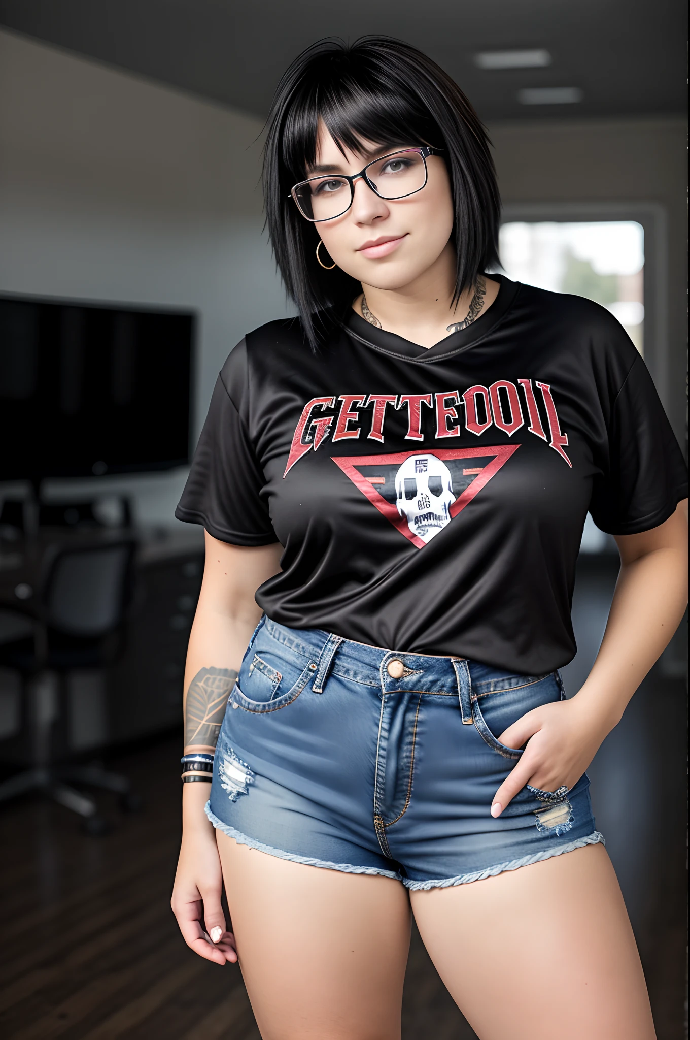 5’5 tall 18 year old girl wearing a Motley Crue Dr Feelgood Shirt with some Jean thigh shorts and short brunette hair that only touches the back of the neck barely and has brown eyes and a curvy body and wears glasses