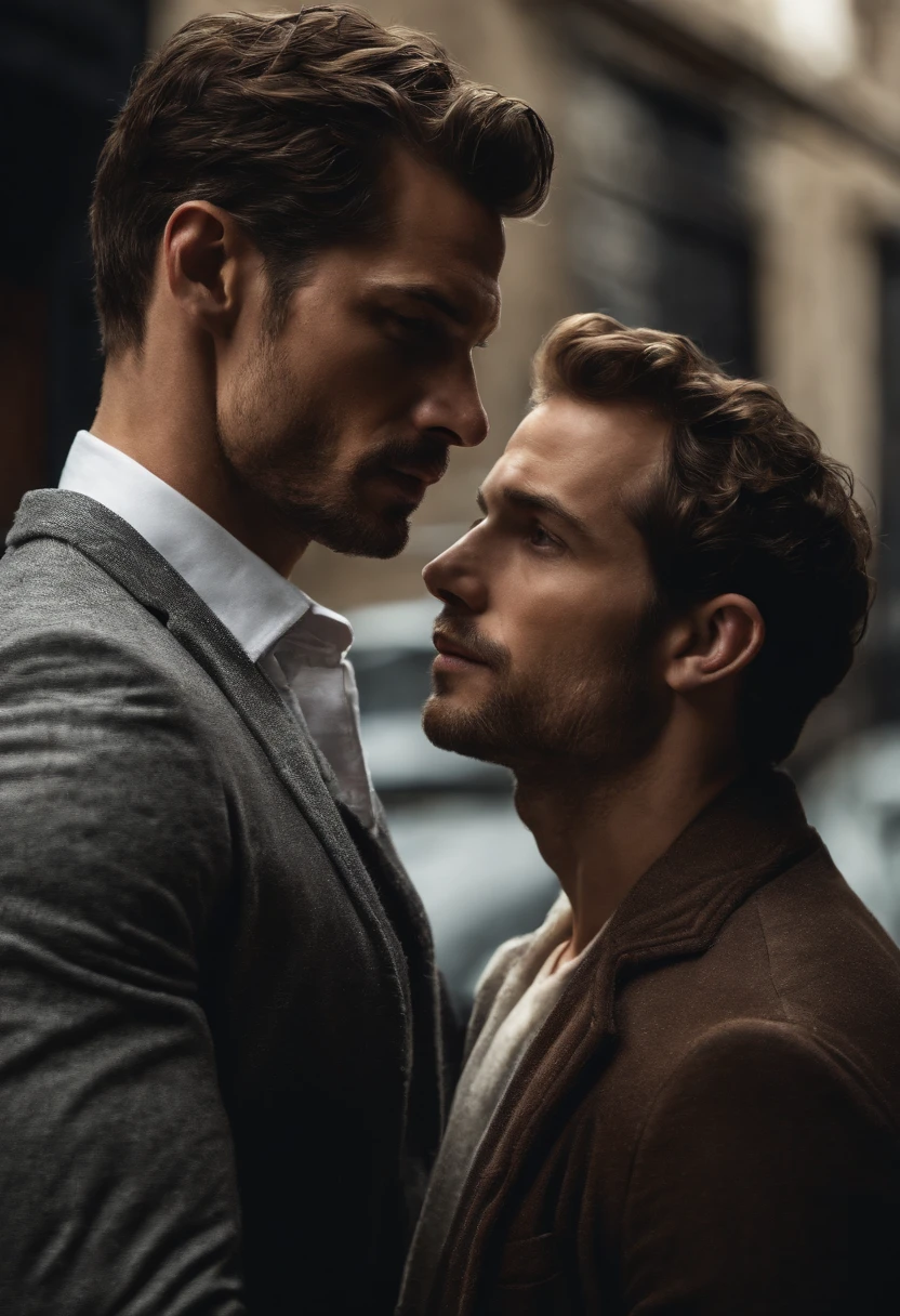 David Gandy/Henry Cavill lookalike, and Kellan Lutz/Paul walker lookalike, standing in a dark alley in London, kissing each other