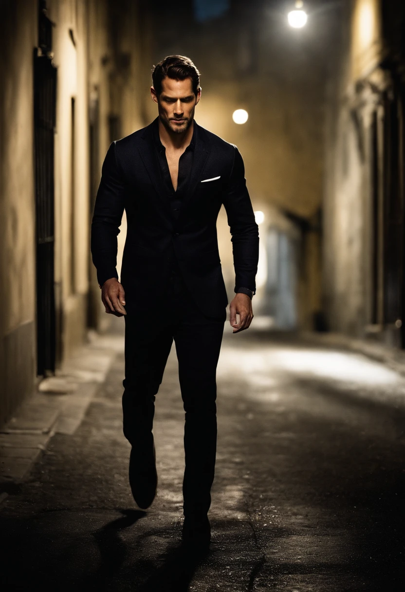 A man in a black suit walking down a dark alleyway - SeaArt AI