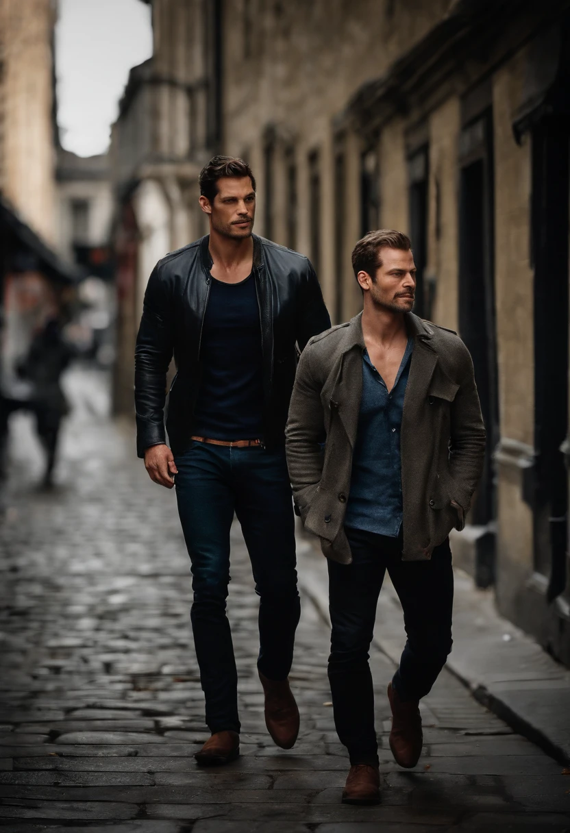 David Gandy/Henry Cavill lookalike, and Kellan Lutz/Paul walker lookalike, standing in a dark alley in London, kissing each other
