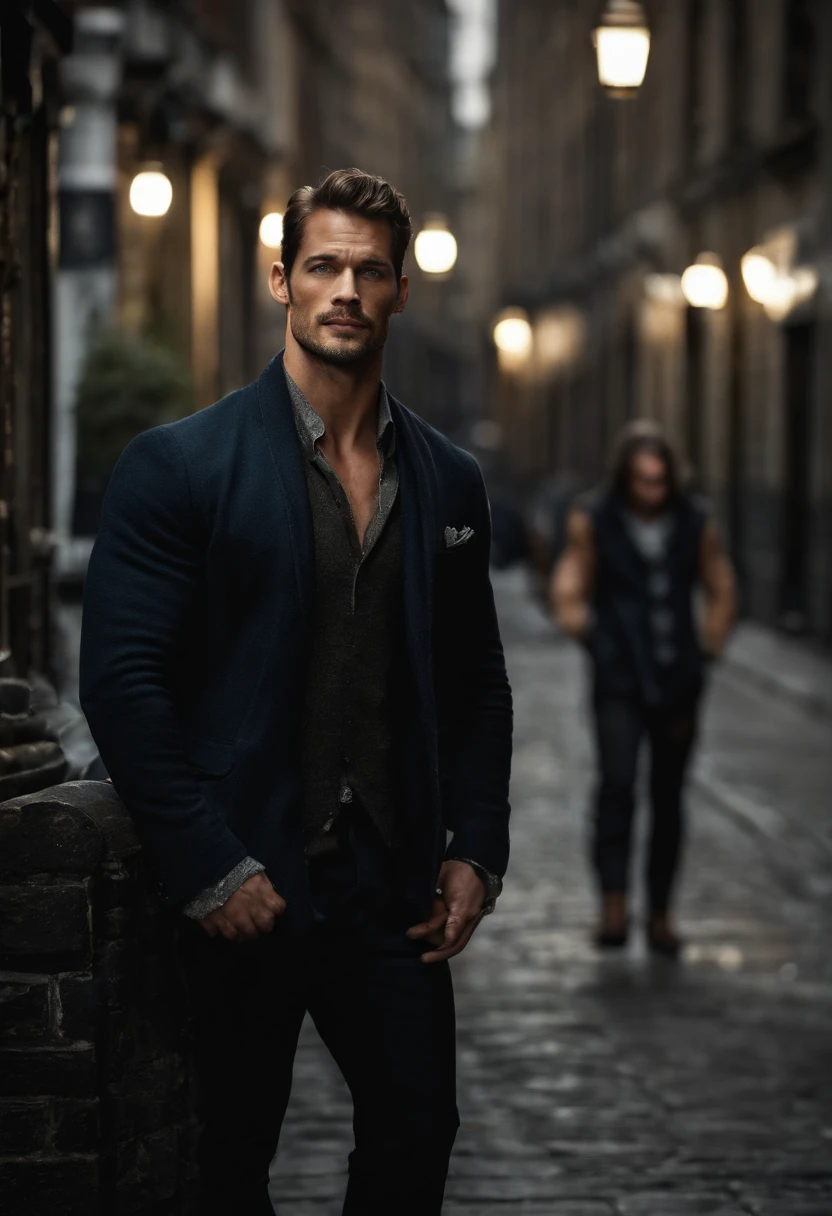 David Gandy/Henry Cavill lookalike, and Kellan Lutz/Paul walker lookalike, standing in a dark alley in London, kissing each other