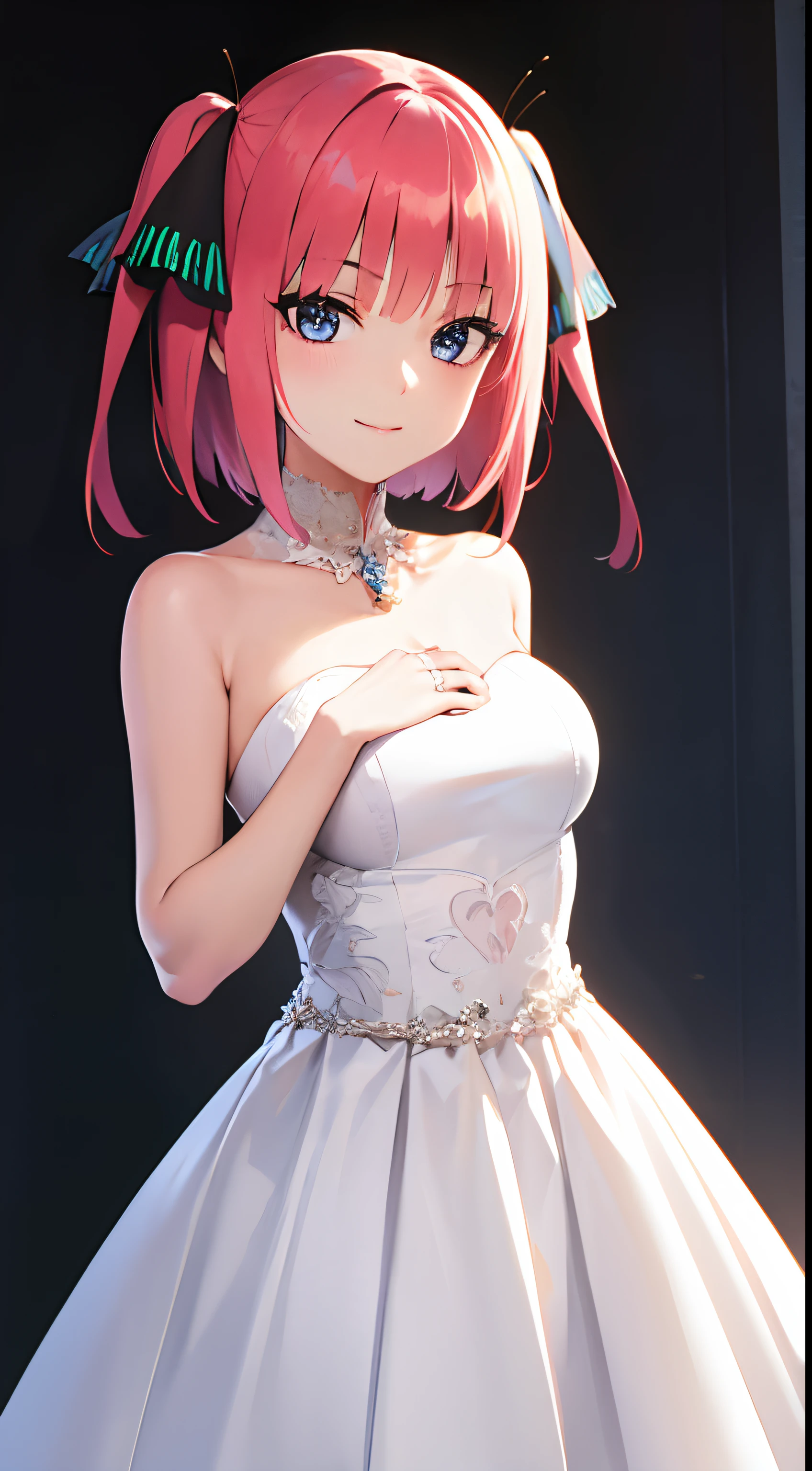 nino nakano, short hair, bangs, blue eyes, hair ornament, hair ribbon, pink hair, blunt bangs, two side up, butterfly hair ornament,
(wedding dress:1.4)
BREAK looking at viewer, BREAK (masutepiece:1.2), Best Quality, High resolution, Unity 8k壁纸, (Illustration:0.8), (Beautiful detailed eyes:1.1), extra detailed face, Perfect Lighting, extremely details CG, (Perfect hands, Perfect Anatomy),cowboy shot,A smile