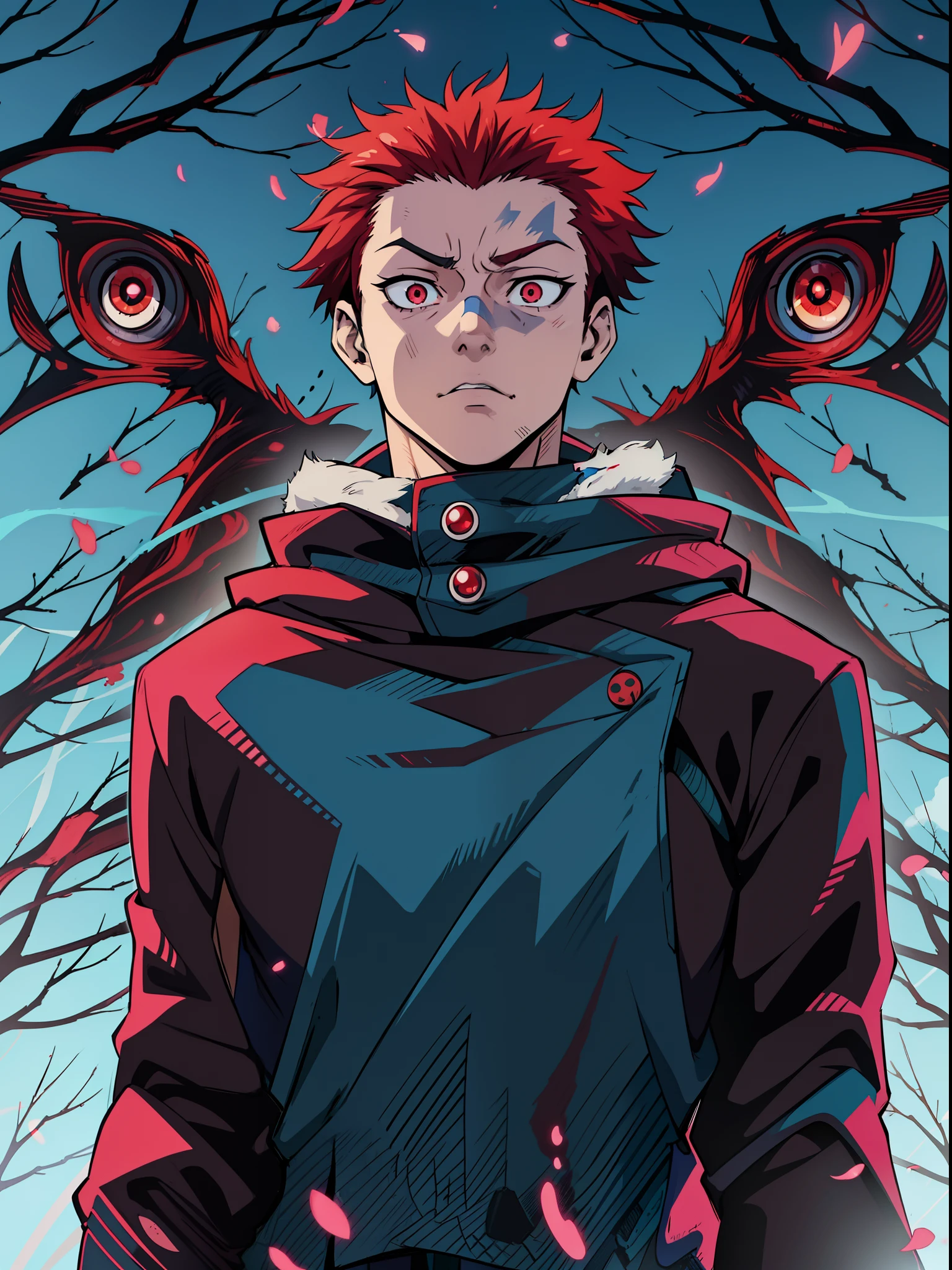 anime character with a cat and a wolf in front of a blue background, jujutsu kaisen, ufotable art style, portrait of hisoka hunter hunter, by Kamisaka Sekka, joker as naruto, epic anime style, with red glowing eyes, anime wallaper, joker looks like naruto, badass anime 8 k, ((red)) baggy eyes