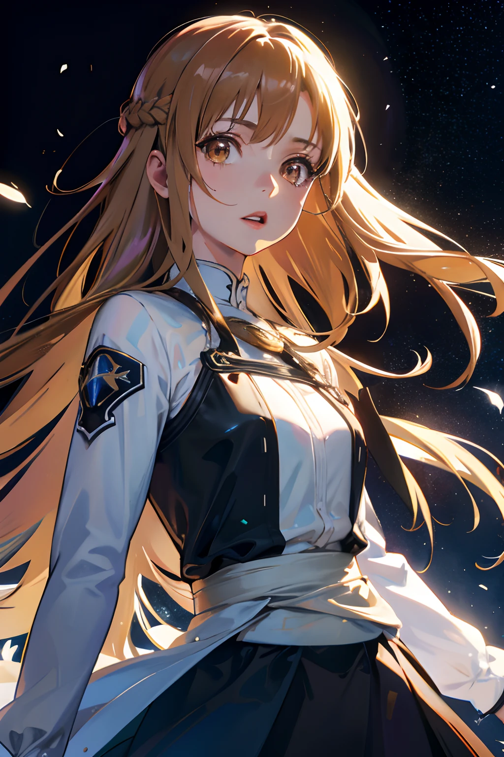 Official art, Unity 8k Wallpapers, ultra-detailliert, Beautifully Aesthetic, ​masterpiece, top-quality, realisitic, a closeup, Skindentation, interface, A detailed eye, A detailed face, detailed hairs, black backgrounds, straight-on, looking at the viewers, The sheen, Anime, looking at viewer with a cigarette in her mouth, highly detailed with reflections transparent iridescent opaque jacket, Long transparent iridescent RGB hair, 1girl in, Solo, fronds, Long hair, Blurry, Shirt,  Parted lips, Outdoors, Floating hair, Long sleeves, White shirt, Bangs, Upper body, Open mouth, tusk, Brown eyes, Wind, Winters，Yuki，snowscape，Blurry background, day, depth of fields, bug, Sword Art Online，Asuna，Sparkling eyes，Brown hair，Eyes like a galaxy，