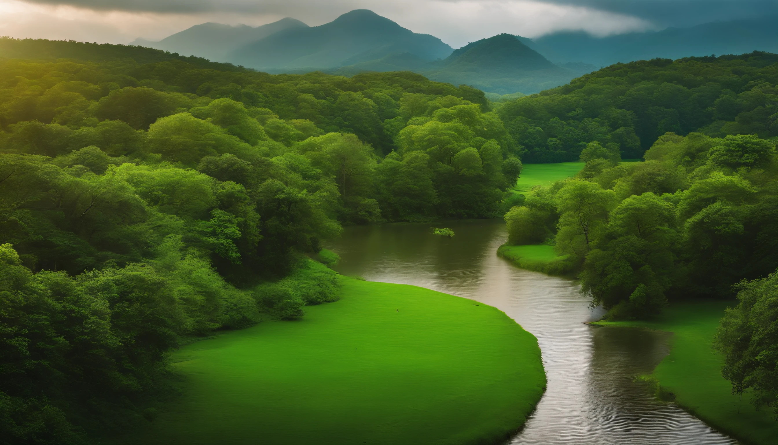 There are some trees and birds in the green area,The environment is a bit cloudy, A river