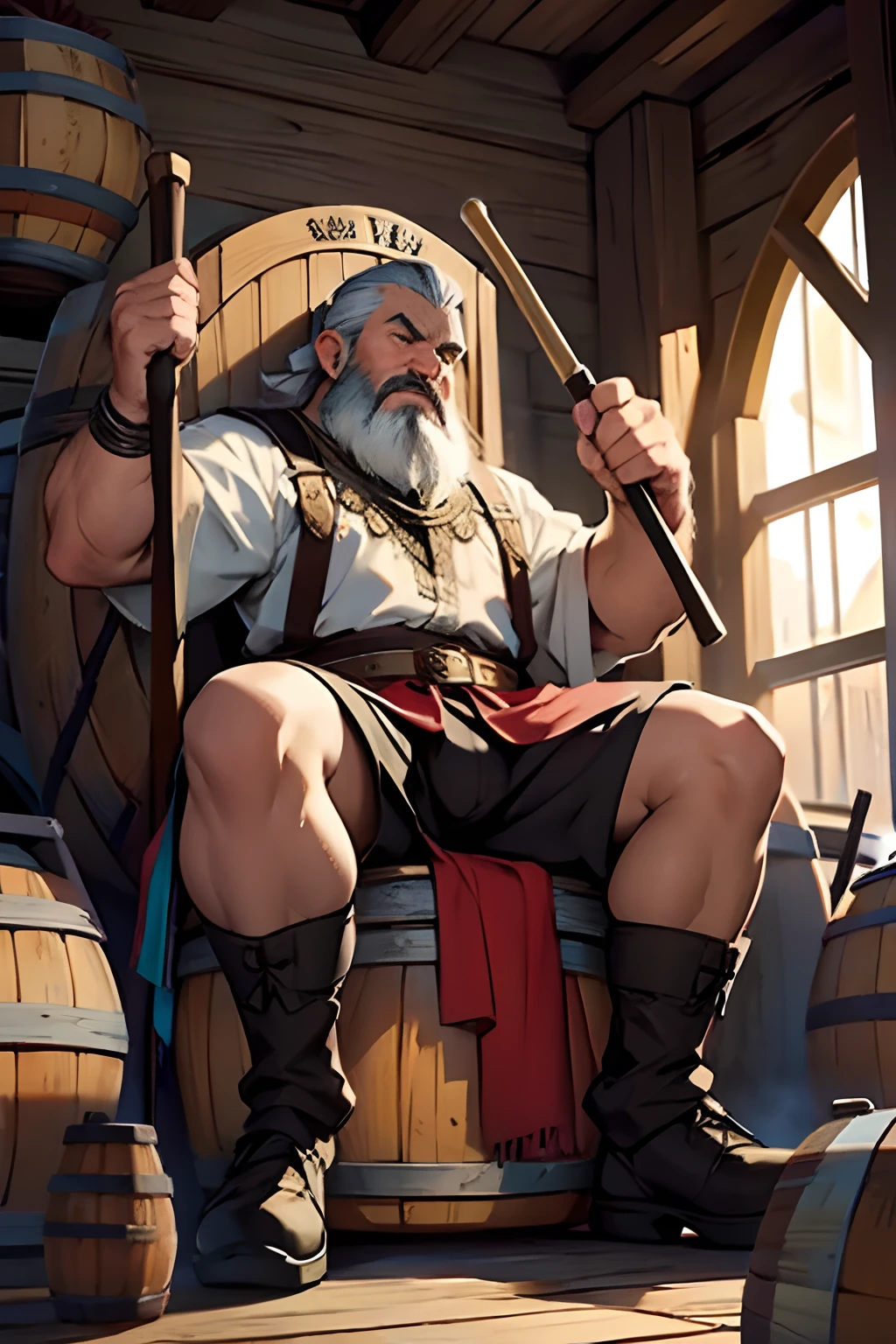 A dwarf sitting on a throne with a big hammer and a big beer barrel