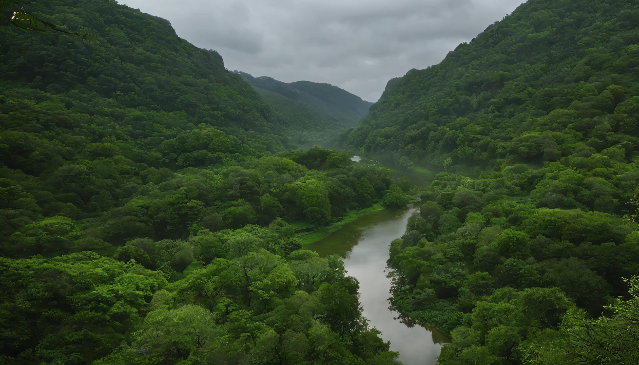 There are some trees and birds in the green area,The environment is a bit cloudy, A river