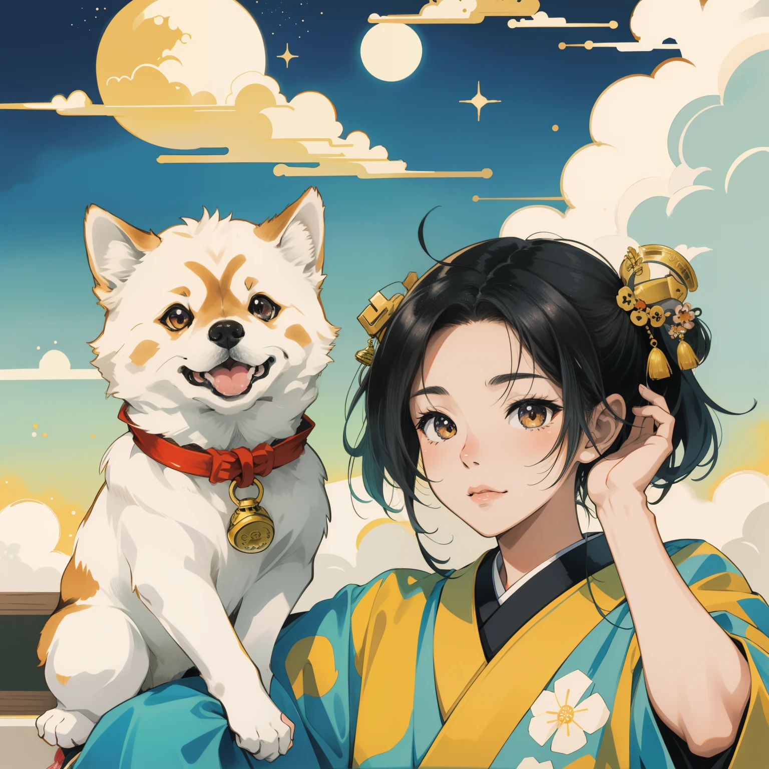 Copic marker illustration in a Japanese manga style of a Shiba Inu, mimicking the pose of a Maneki Neko,