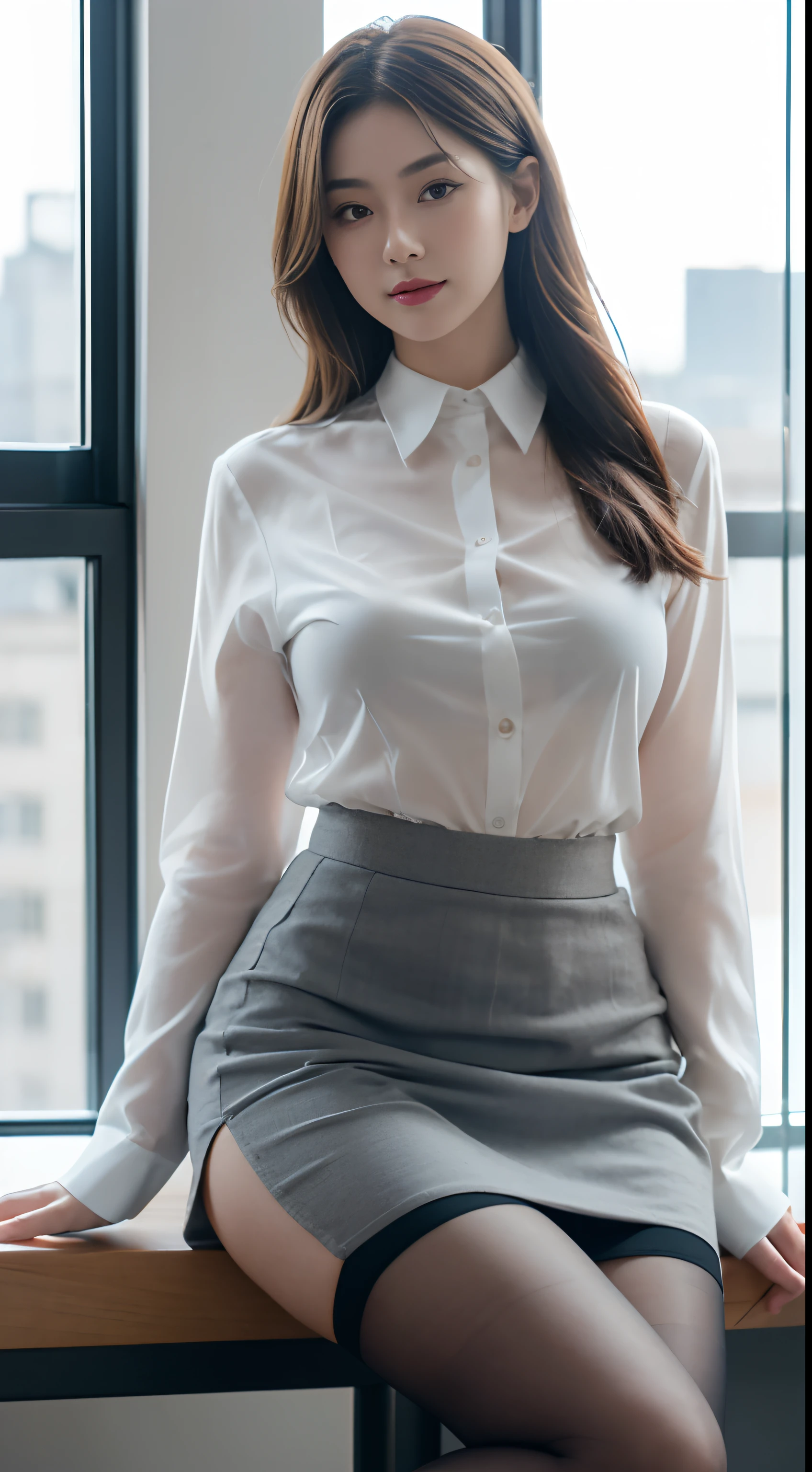 Masterpiece, Best quality, (Realistic, photo-realistic:1.37), 8K, An extremely delicate and beautiful, Amazing, finedetail, offcial art, absurderes, unbelievable Ridiculous, hugefilesize, Ultra-detailed, Extremely detailed,(Realistic skin), Beautiful and delicate girl, 1girll, (perfect women figure),full body pov, mediuml breasts,Wear a business see-through shirt,grey skirt,Wearing black stockings,The thighs are tied with straps,Stand by the office window,Peach buttocks,tiese,ssmile,Lying on the table