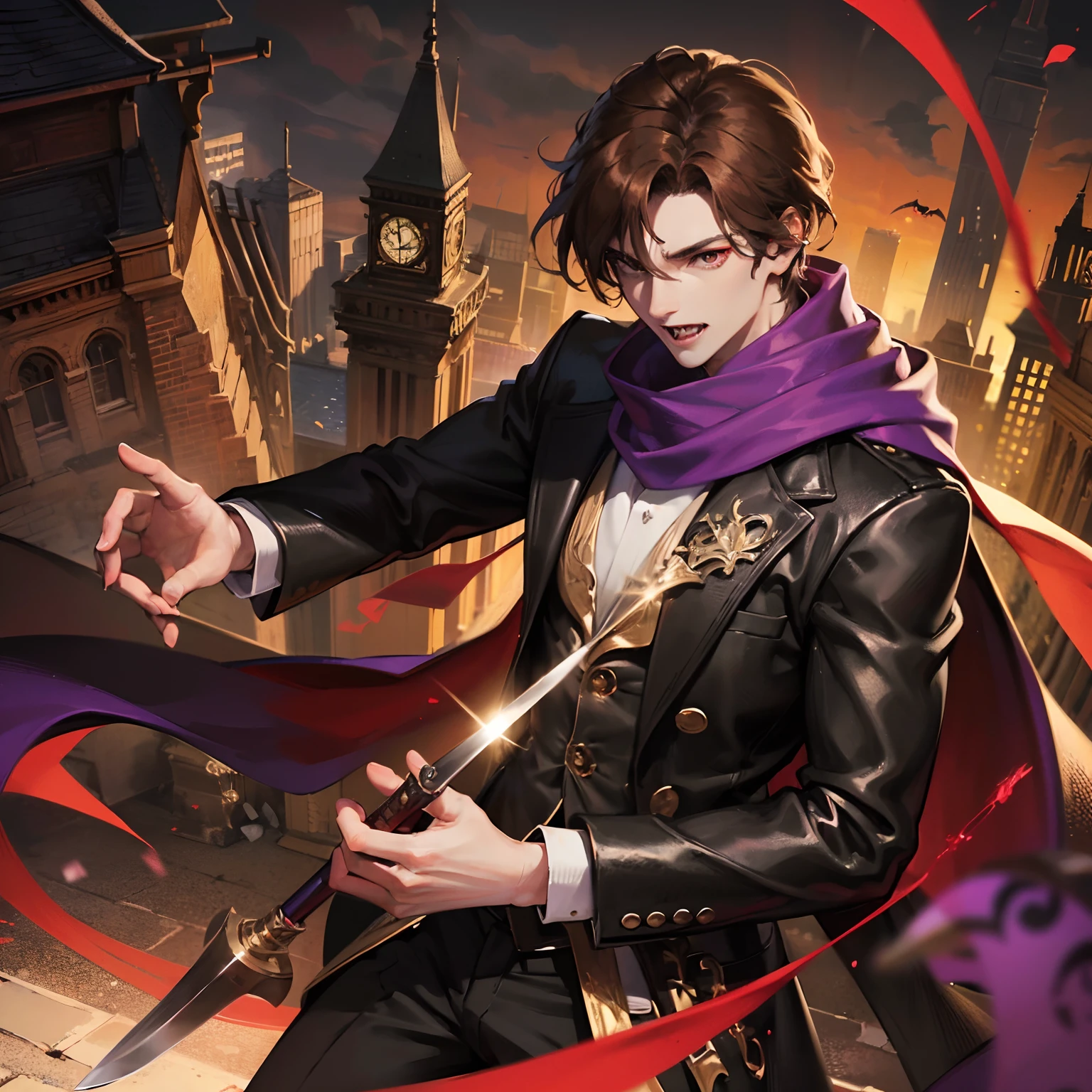 Absurd, high resolution, super detailed), 1 male, adult, handsome, tall muscular man, broad shoulders, black suit, scarlet eyes and delicate face, brown hair, fantasy, vampire, fangs, fangs, violet scarf, holding a knife