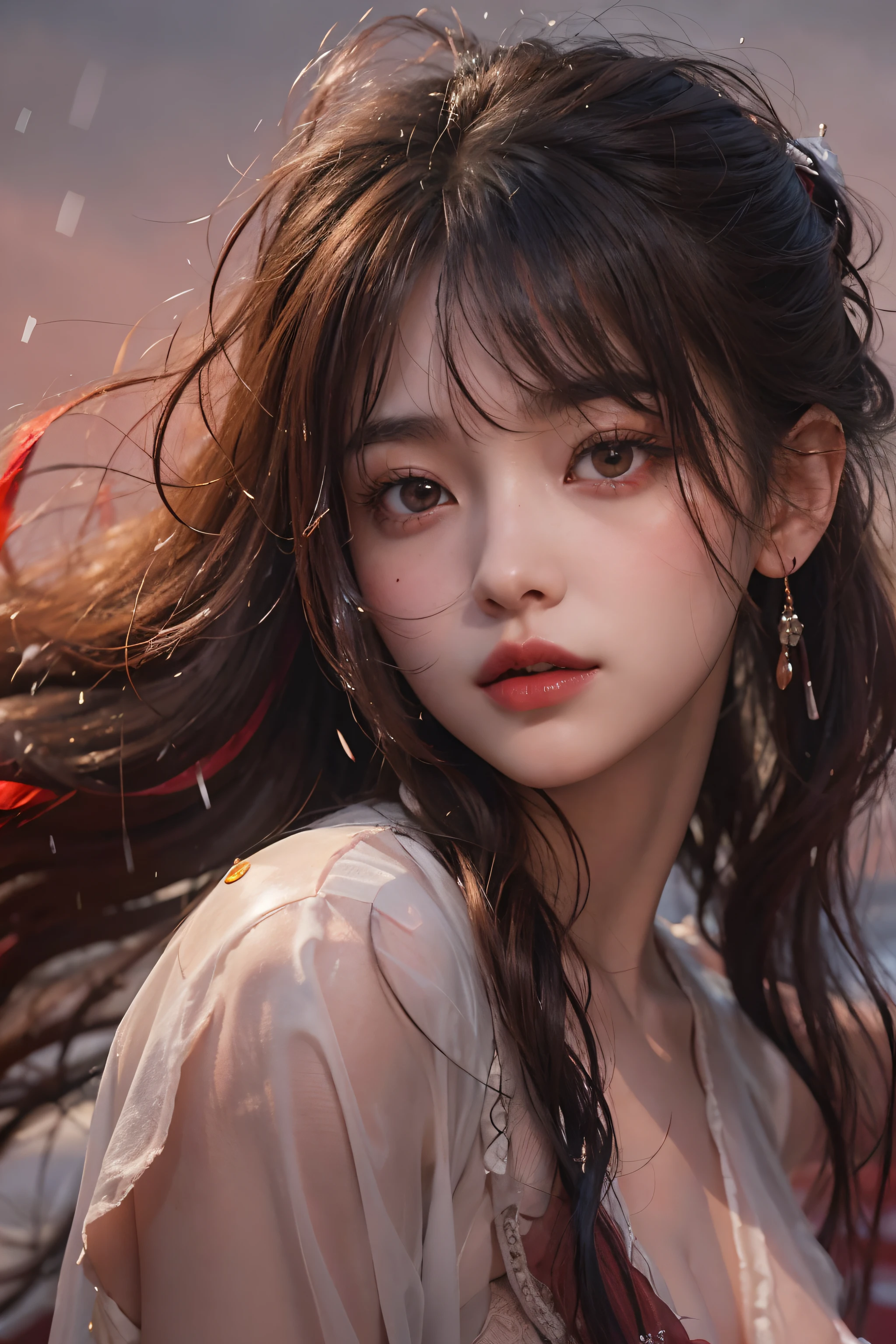 (((profile)))、(Cowboy Shot)、((One girl standing in a bright red pond))、(in her 20s)、((long))、((Pattsun bangs))、((Black hair ponytail))、Pink makeup、(Red-brown eyes)、(Photoreal Stick:1.2)、in 8K、(High quality shadows)、Detail Beautiful delicate face、Detail Beautiful delicate eyes、Cute K-pop Idol、(Korean Urzan Face)、(ulzzang -6500-v1.1:0.6)、gloweyes、perfectbody、Natural color reproduction、Bright red lipstick、((Brown eyes))、Shiny hair、Description beautiful delicate hair、(Lustrous skin)、cloudy ash sky、电影灯光、Bloody white dress、It's raining heavily and we're drenched、