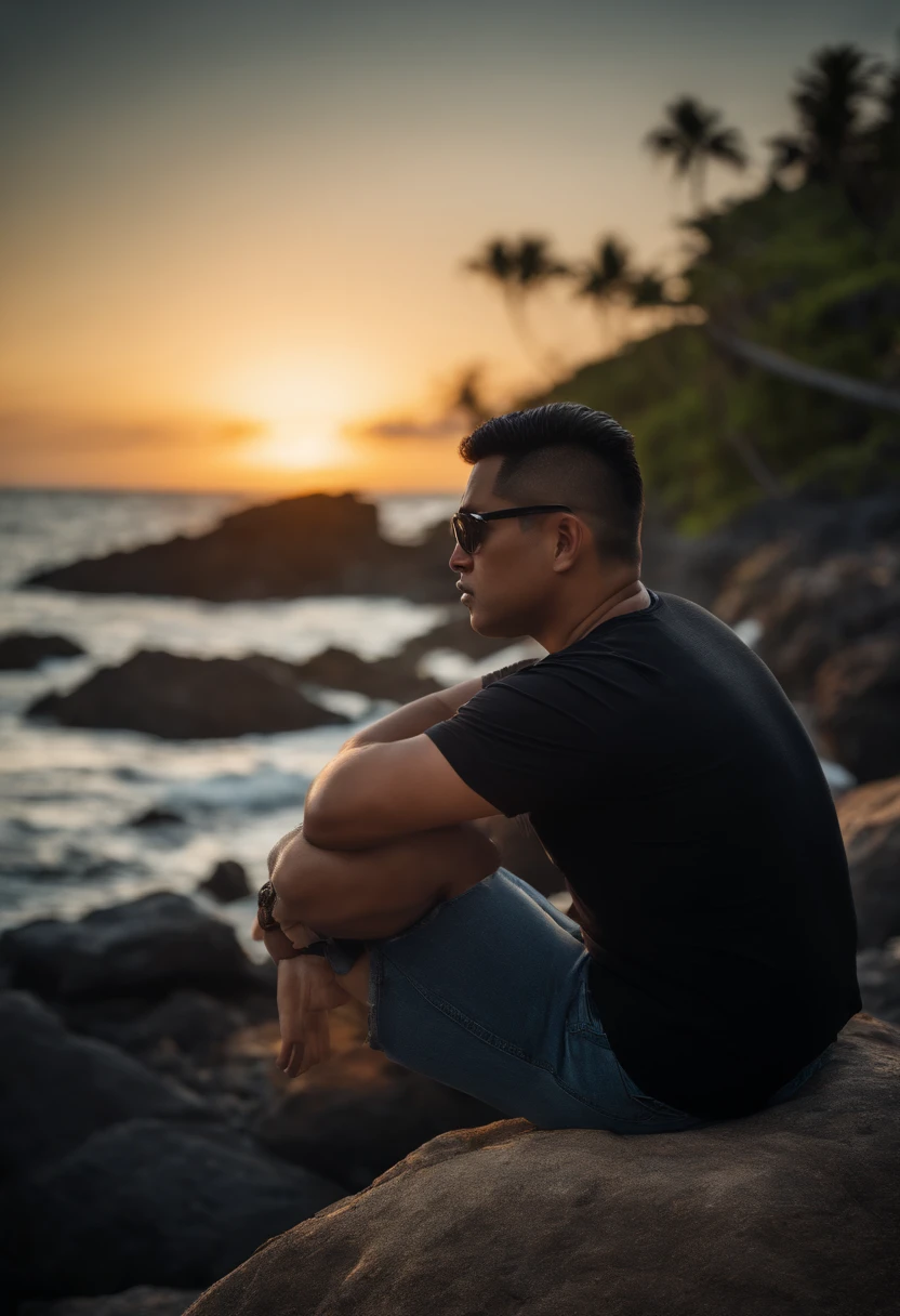 black short hair, oriental man, fat, Hawaii, beach, sunset, backside, jeans, black tee, sunglasses, sitting on rocks