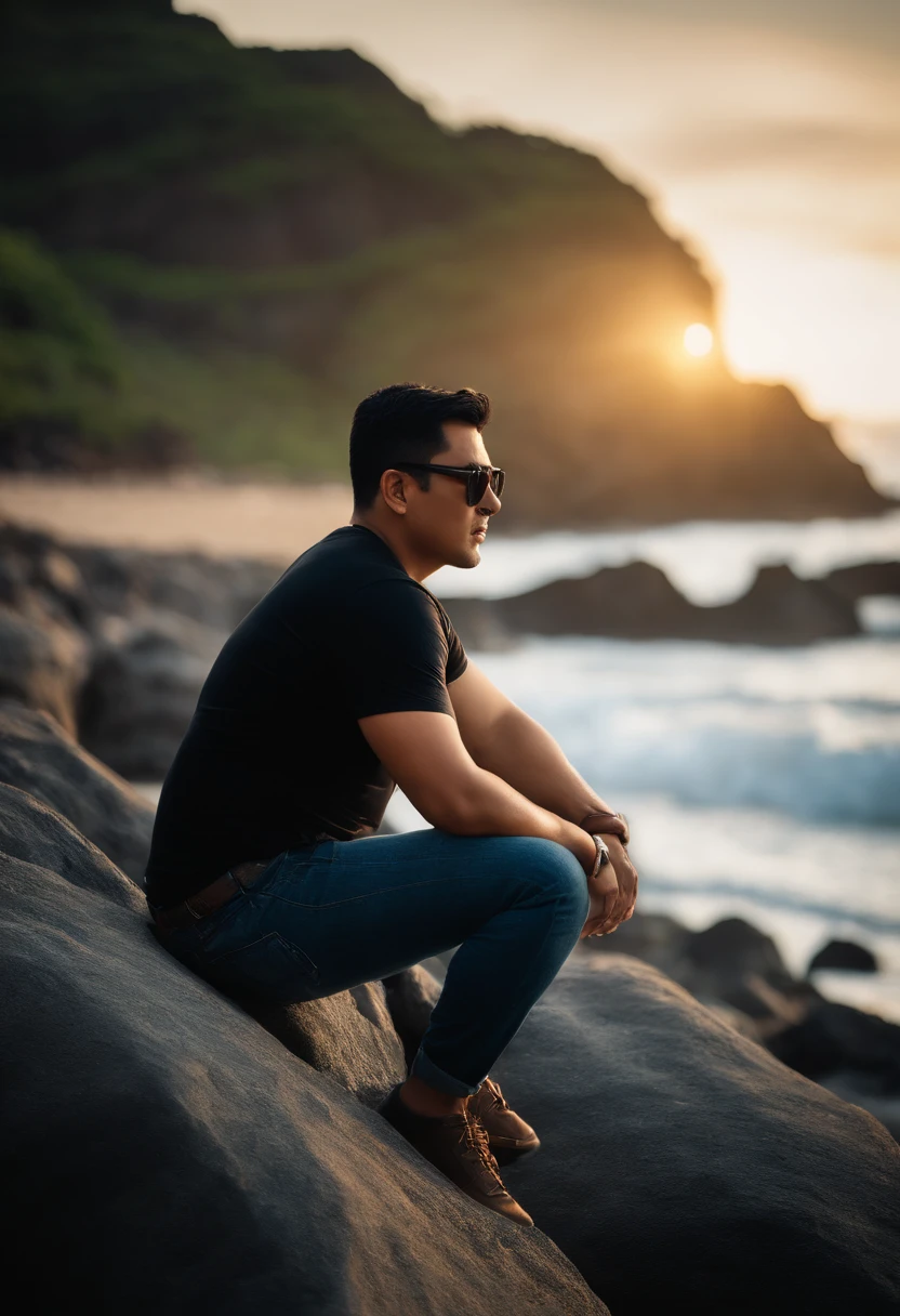 black short hair, oriental man, fat, Hawaii, beach, sunset, backside, jeans, black tee, sunglasses, sitting on rocks