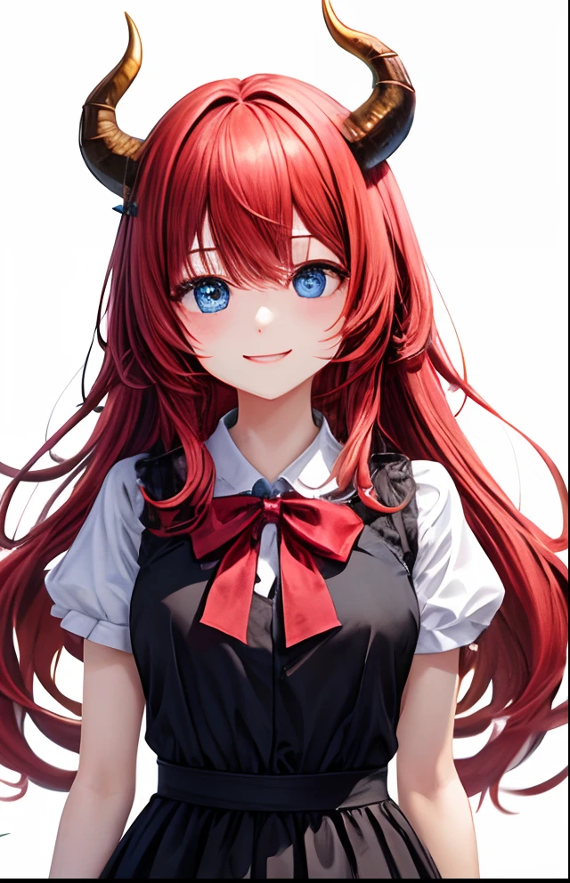 girl with、No background、without background、Background through、Red hair、Red hair、Twin-tailed、Two knots、Subject bangs、Aligned bangs、Blue eyes、Blue eyes、Eyes sparkle、Sparkling eyes、Red and black dress with stripes、bow ribbon、The dragon、shenron、horns grow、Horns、feathered、Twin-tailed、Two knots、A smile、kawaii、without background