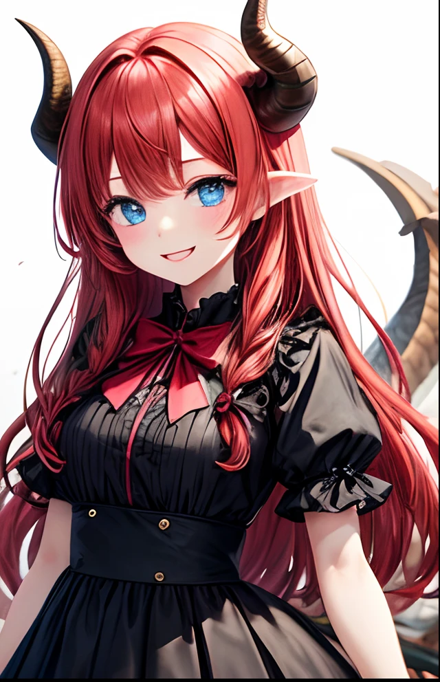 girl with、No background、without background、Background through、Red hair、Red hair、Twin-tailed、Two knots、Subject bangs、Aligned bangs、Blue eyes、Blue eyes、Eyes sparkle、Sparkling eyes、Red and black dress with stripes、bow ribbon、The dragon、shenron、horns grow、Horns、feathered、Twin-tailed、Two knots、A smile、kawaii、without background