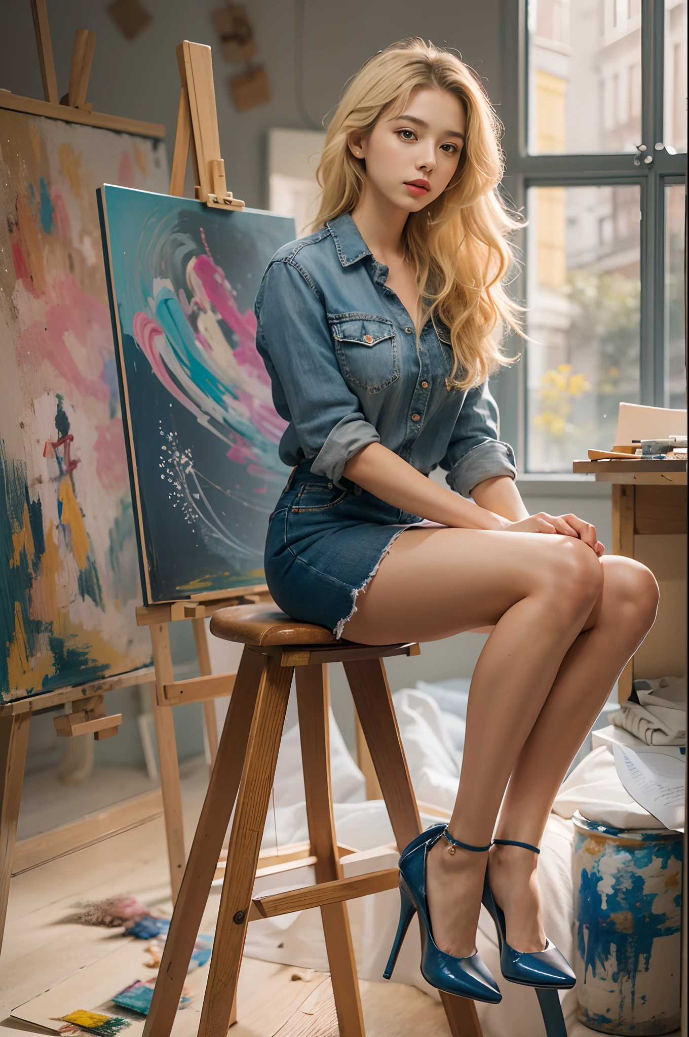 (hight resolution,8K,Best Quality:1.2),Beautiful College Student,Seductively tall, Campus beauty, Proud, exotic beauty, Rich heirs, Medium length hair, Blonde hair, Denim skirt, high-heels, art studio, Painting, Easel, stool, Sitting on Stool, Focus on creating artwork