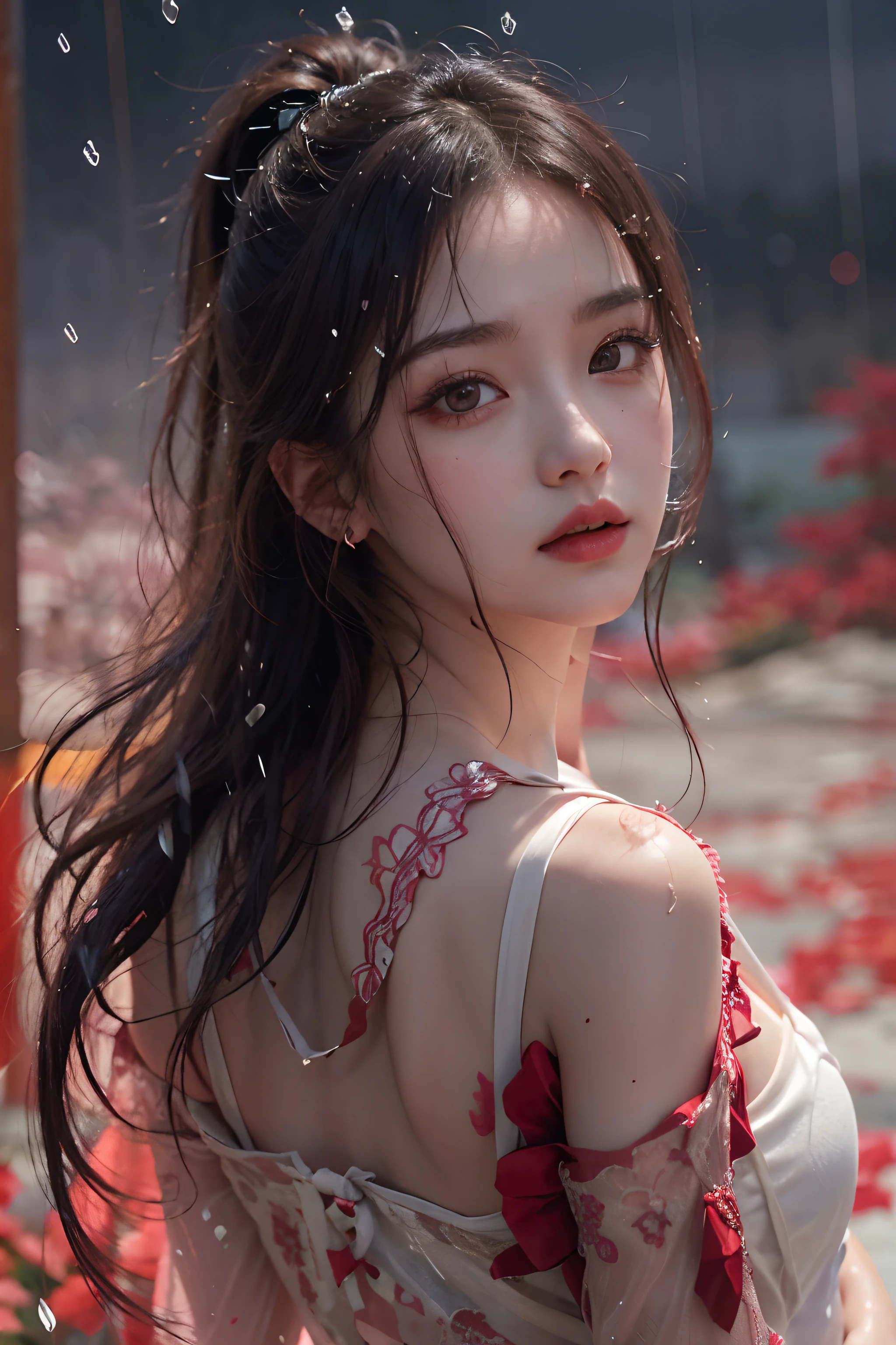(((profile)))、(upper bod)、((One girl standing in a bright red pond))、(in her 20s)、((long))、((Pattsun bangs))、((Black hair ponytail))、Pink makeup、(Red-brown eyes)、(Photoreal Stick:1.2)、in 8K、(High quality shadows)、Detail Beautiful delicate face、Detail Beautiful delicate eyes、Cute K-pop Idol、(Korean Urzan Face)、(ulzzang -6500-v1.1:0.6)、gloweyes、perfectbody、Natural color reproduction、Bright red lipstick、((Brown eyes))、Shiny hair、Description beautiful delicate hair、(Lustrous skin)、cloudy ash sky、电影灯光、Bloody white dress、It's raining heavily and we're drenched、