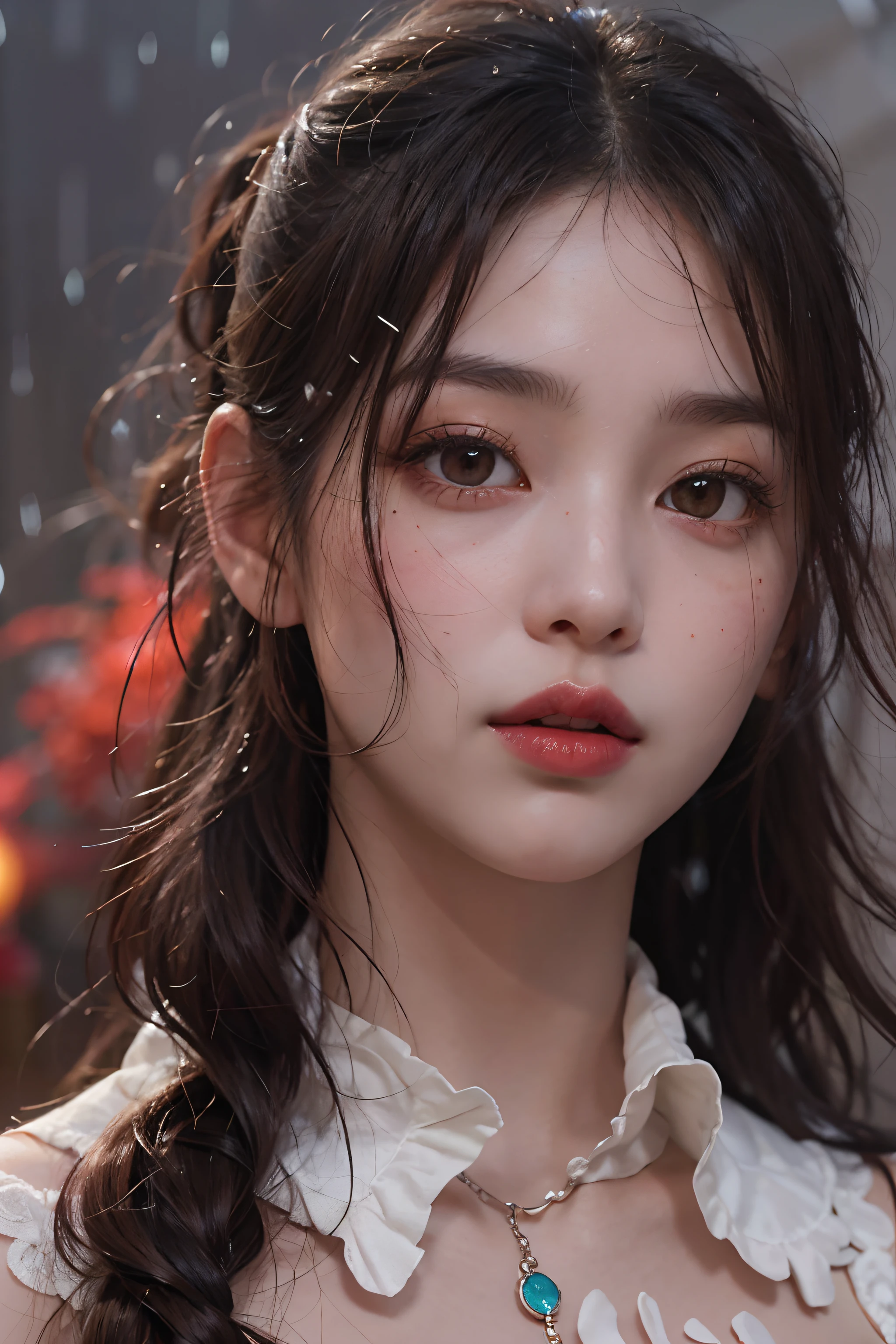 (((profile)))、(Cowboy Shot)、((One girl standing in a bright red pond))、(in her 20s)、((long))、((Pattsun bangs))、((Black hair ponytail))、Pink makeup、(Red-brown eyes)、(Photoreal Stick:1.2)、in 8K、(High quality shadows)、Detail Beautiful delicate face、Detail Beautiful delicate eyes、Cute K-pop Idol、(Korean Urzan Face)、(ulzzang -6500-v1.1:0.6)、gloweyes、perfectbody、Natural color reproduction、Bright red lipstick、((Brown eyes))、Shiny hair、Description beautiful delicate hair、(Lustrous skin)、cloudy ash sky、电影灯光、Bloody white dress、It's raining heavily and we're drenched、