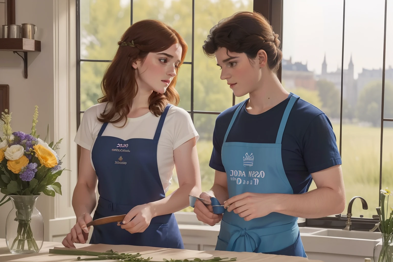 year: 2023. Location: Madrid. Pre-Raphaelite scene with a 30-year-old Emma Watson, with (Edward Bluemel), florist, preparing flower bouquets, ((((casual clothing from the 2020s, t-shirt and apron)))) ((Hairstyle of the 2020s)), ((("OMITB" cinematography)))