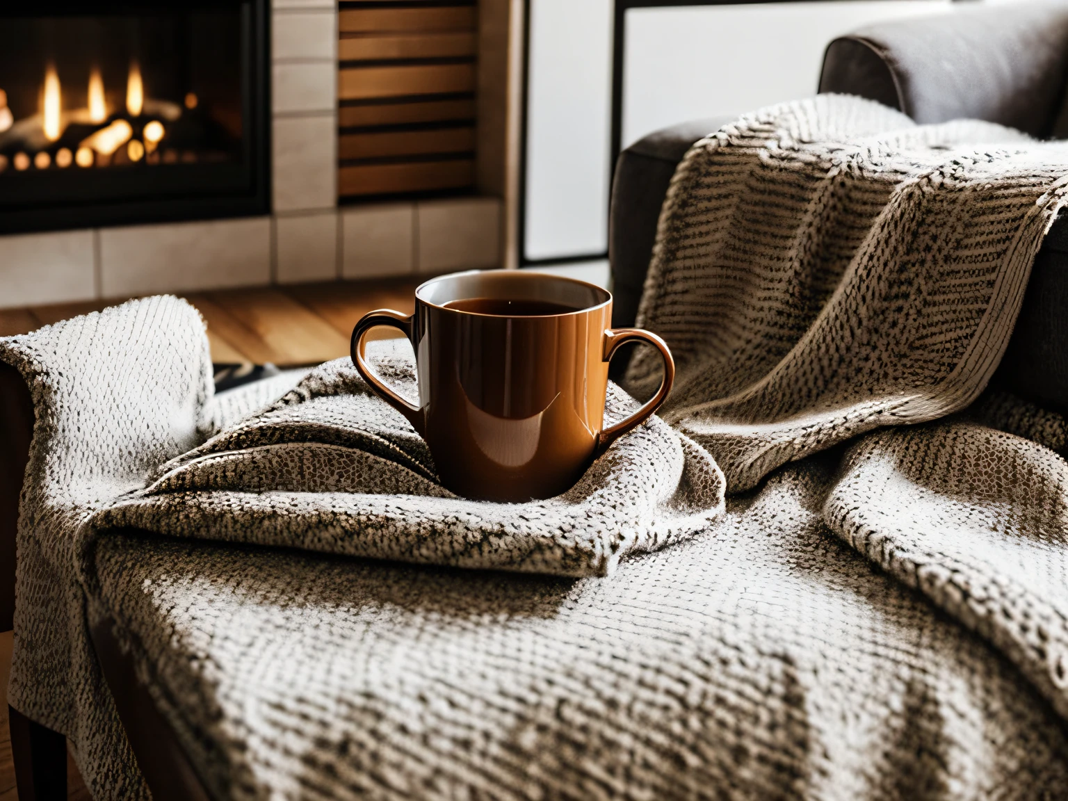 A mug of hot tea stands on a chair with a woolen blanket in a cozy living room with a fireplace. Cozy winter day