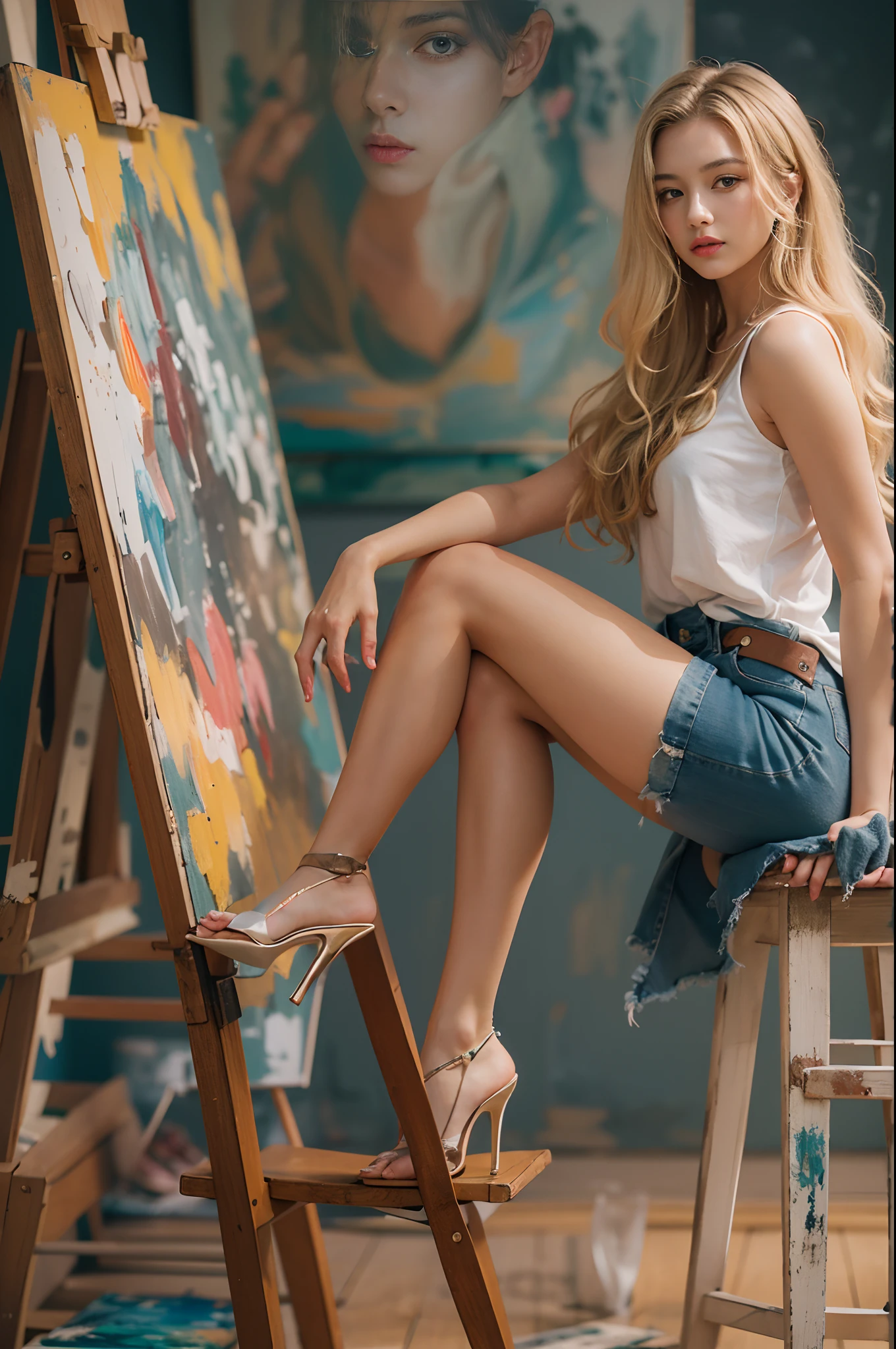 (hight resolution,8K,Best Quality:1.2),Beautiful College Student,Seductively tall, Campus beauty, Proud, exotic beauty, Rich heirs, Medium length hair, Blonde hair, Denim skirt, high-heels, art studio, Painting, Easel, stool, Sitting on Stool, Focus on creating artwork