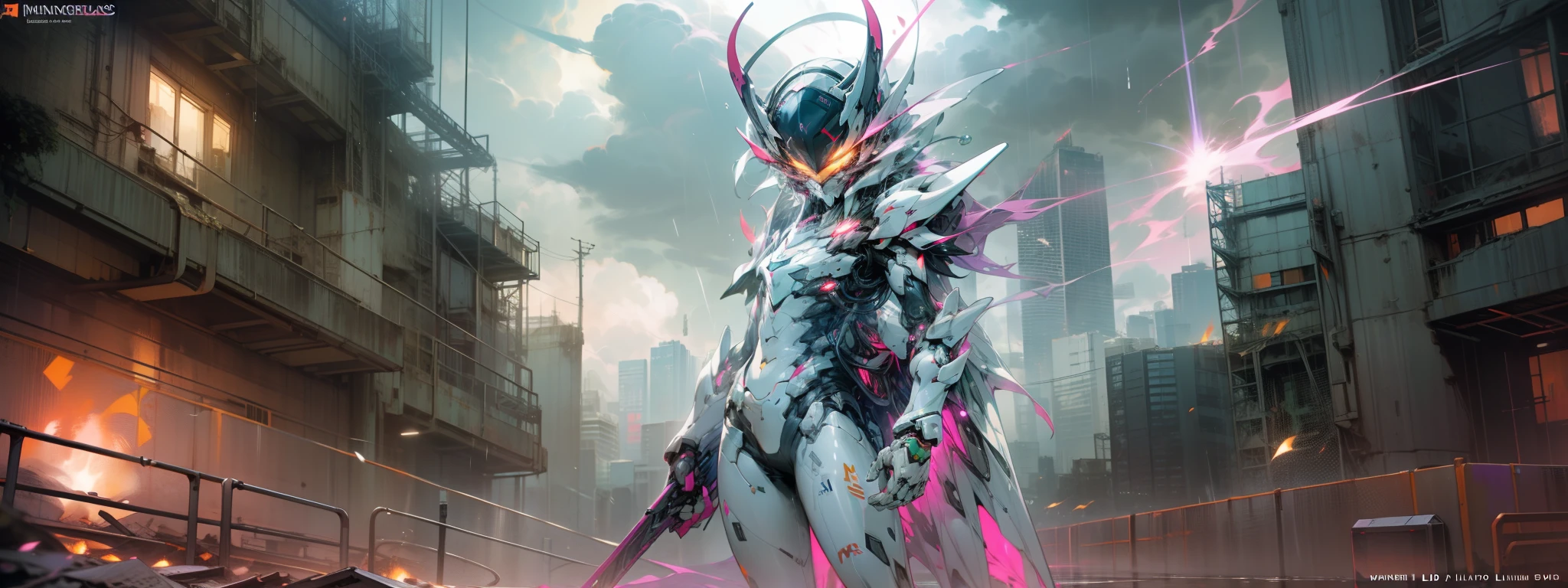 (masterpiece, 8K, UHD, official art:1.3), Shinji Ikari, (white plugsuit:1.2), intense stare, (fiery orange background:1.1), Unit-01, (glowing purple and green armor:1.3), poised for battle, war-torn cityscape, skyscrapers in ruins, (exploding fireballs:1.1), metallic reflections, neon lights, NERV logo, (Lilith's mask:1.2) floating ethereally, EVA units in formation, dark stormy clouds, charged atmosphere, rain droplets, shimmering puddles, dynamic angle, looking at viewer, intense emotion, monochromatic with splashes of color, eerie, high contrast, vibrant. - @Vegas want more?join our official channel for unlimited creation --auto --s2