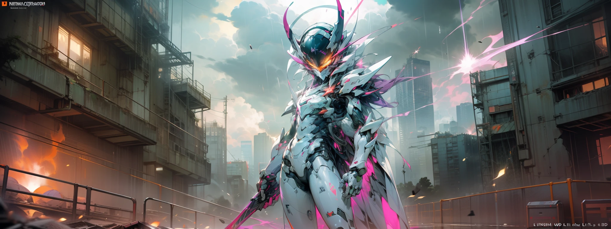 (masterpiece, 8K, UHD, official art:1.3), Shinji Ikari, (white plugsuit:1.2), intense stare, (fiery orange background:1.1), Unit-01, (glowing purple and green armor:1.3), poised for battle, war-torn cityscape, skyscrapers in ruins, (exploding fireballs:1.1), metallic reflections, neon lights, NERV logo, (Lilith's mask:1.2) floating ethereally, EVA units in formation, dark stormy clouds, charged atmosphere, rain droplets, shimmering puddles, dynamic angle, looking at viewer, intense emotion, monochromatic with splashes of color, eerie, high contrast, vibrant. - @Vegas want more?join our official channel for unlimited creation --auto --s2
